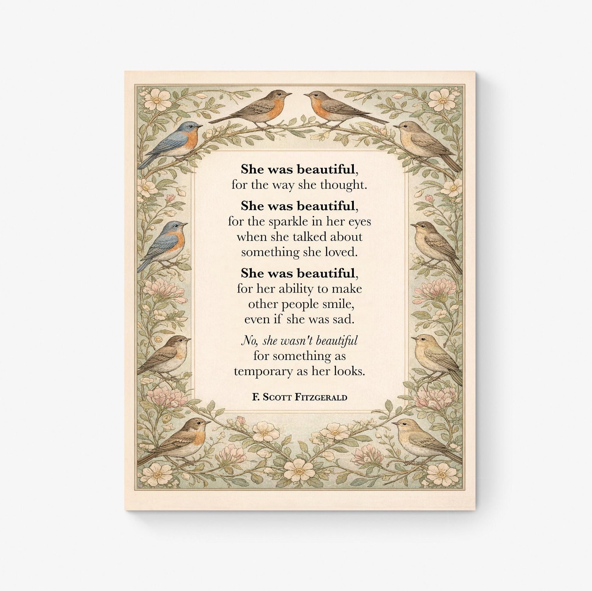 F Scott Fitzgerald Quote Art Print | She Was Beautiful | William Morris Home Decor | Floral Literary Poster