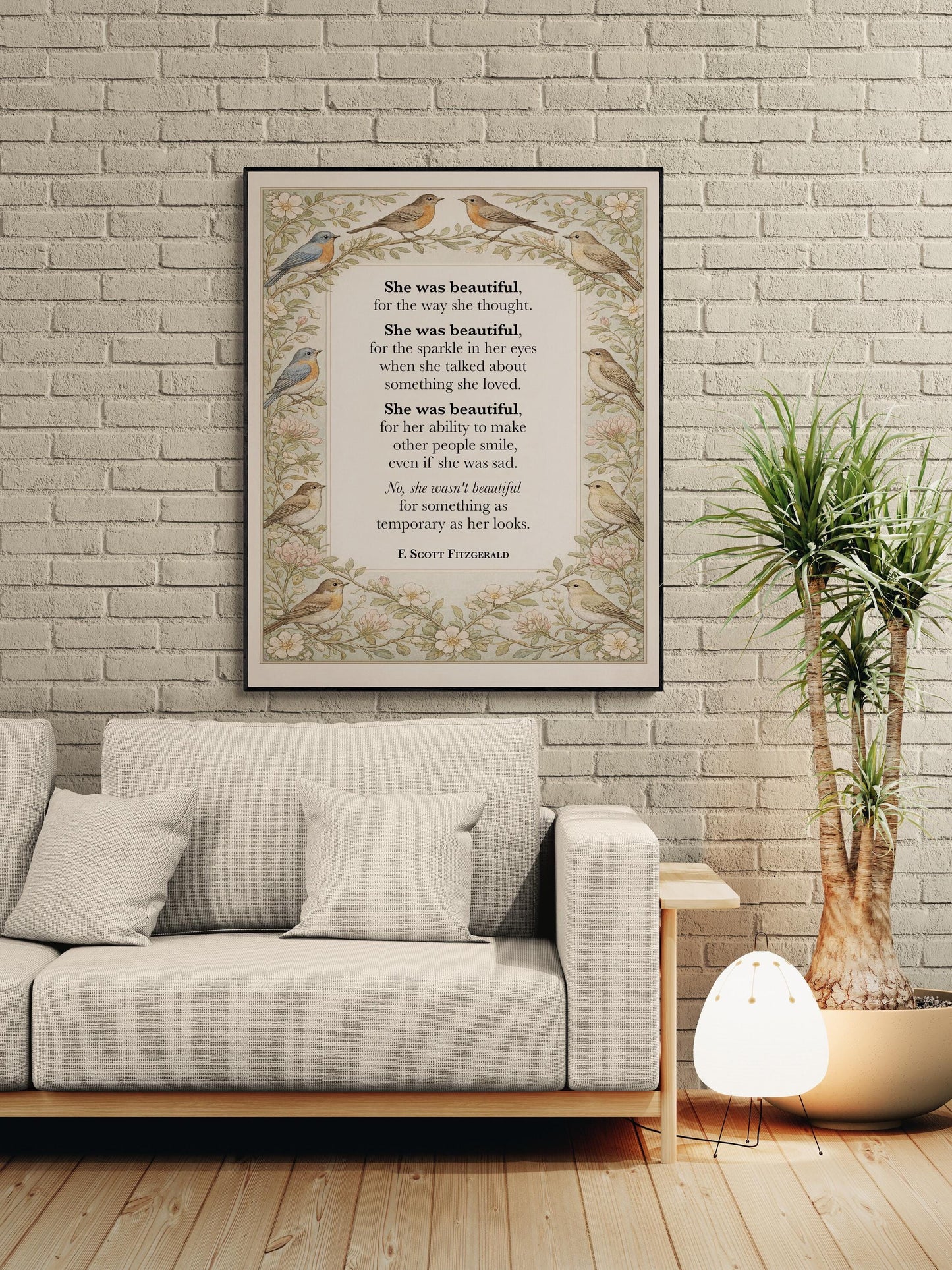 F Scott Fitzgerald Quote Art Print | She Was Beautiful | William Morris Home Decor | Floral Literary Poster