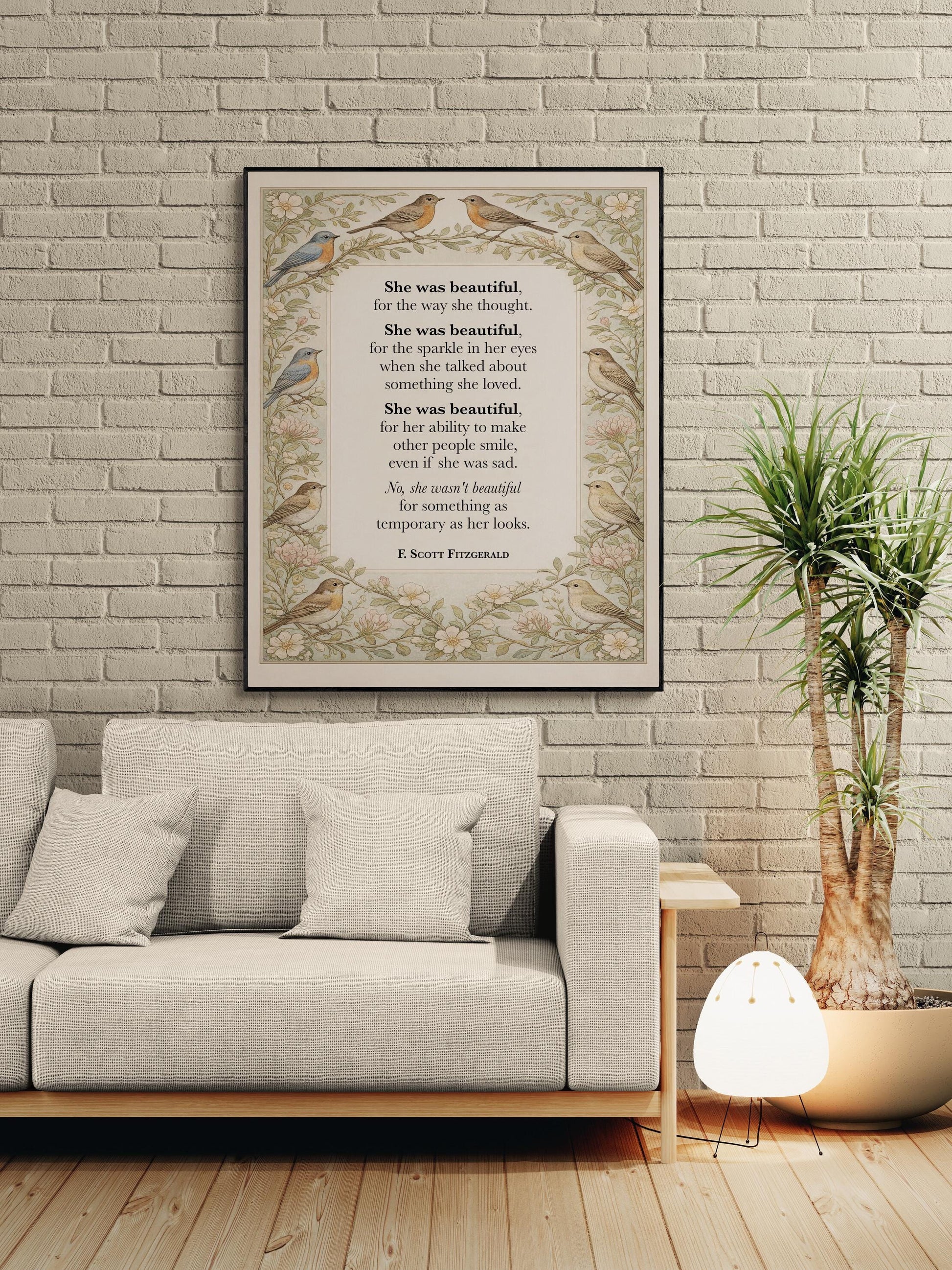 F Scott Fitzgerald Quote Art Print | She Was Beautiful | William Morris Home Decor | Floral Literary Poster