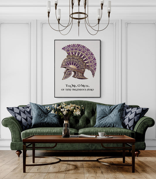 Odyssey Art Print | Tell Me O Muse Of That Ingenious hero | Homer Poem | Ancient Greek Helmet | Literary Home Decor | Classical Poster