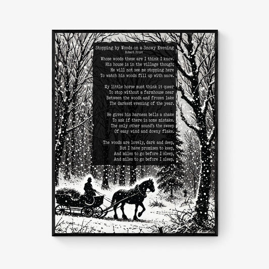 Robert Frost Quote Art Print | Stopping by Woods On A Snowy Evening | Poetry | Literary Book | Inspirational | Motivational Sketch Poster