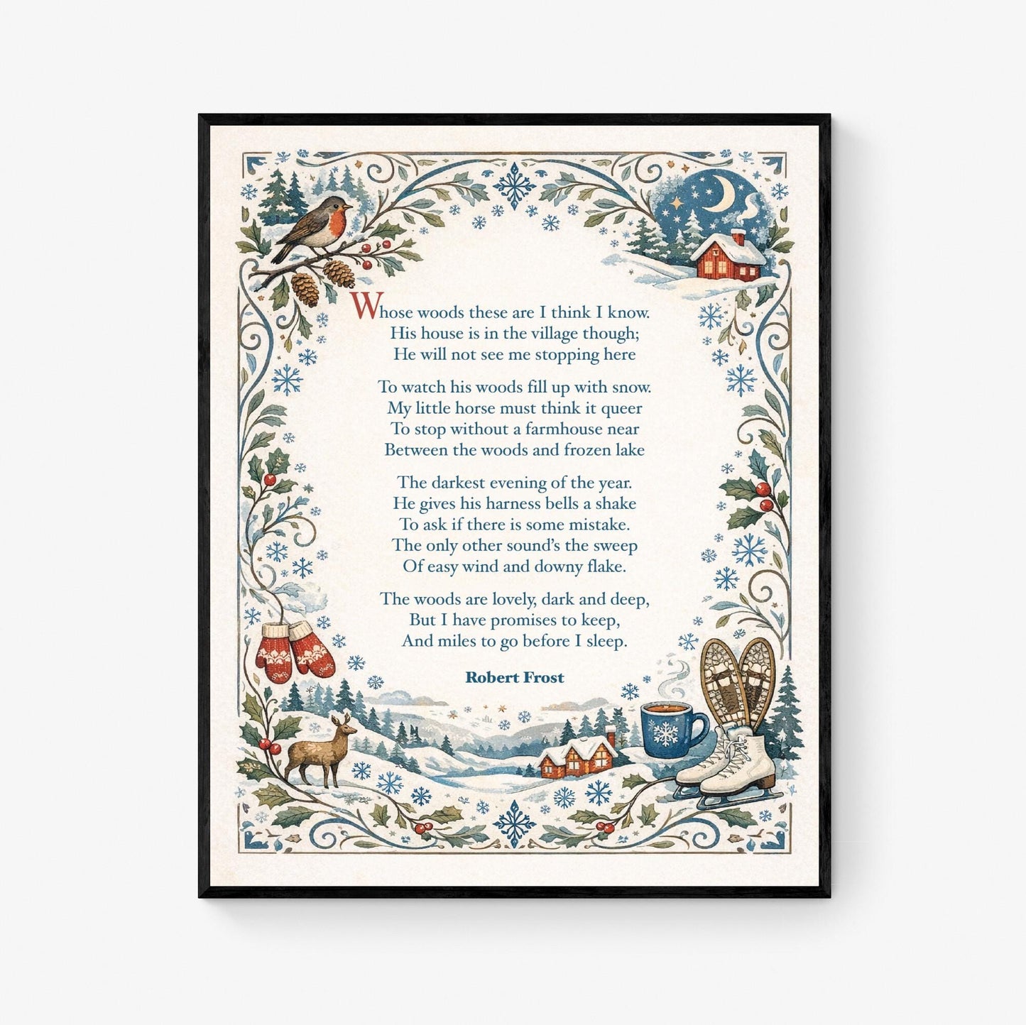 Robert Frost Art Print | Home Decor | Stopping by Woods On A Snowy Evening | Poetry | Literary Book | Inspirational | Winter Poster