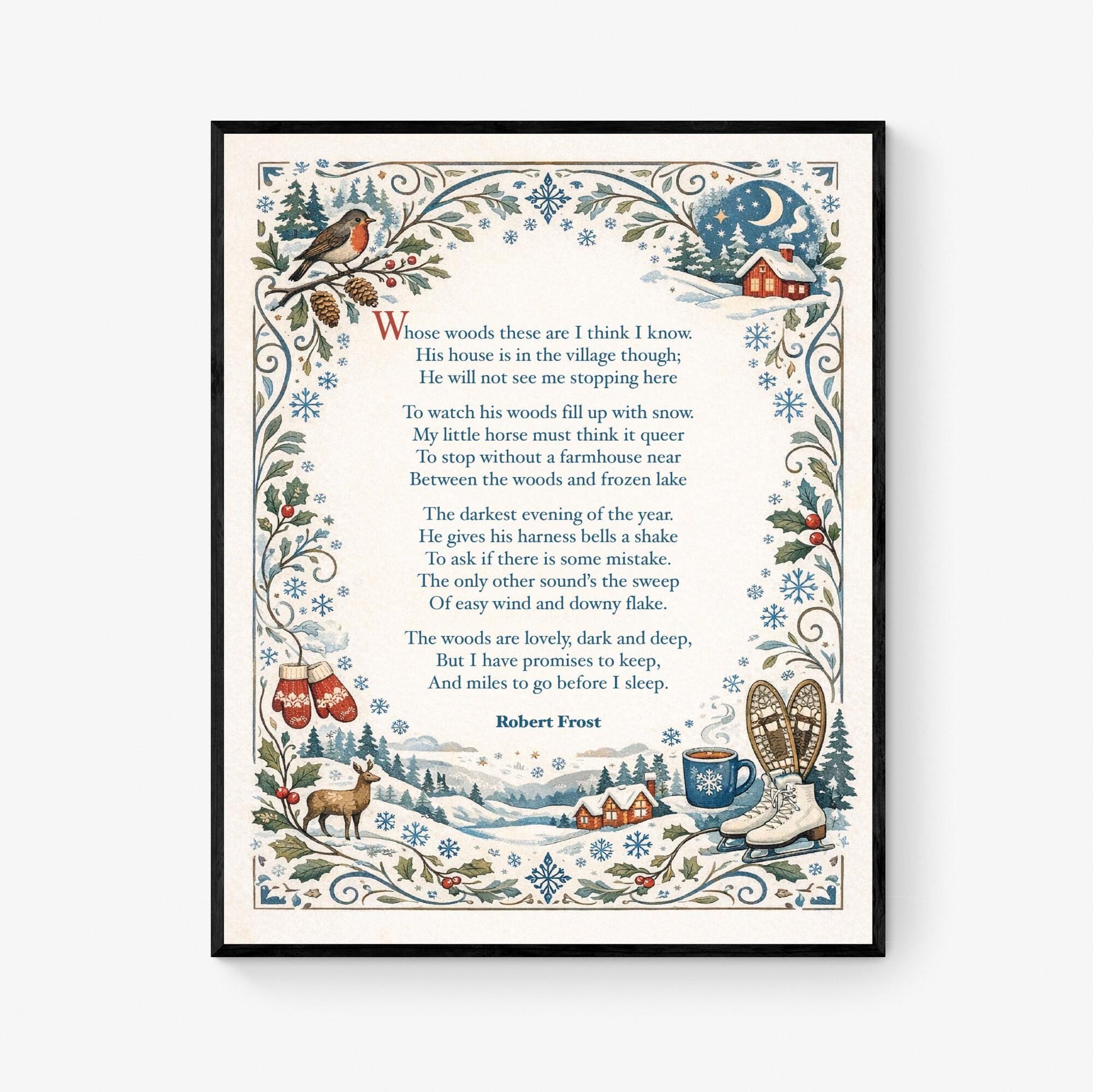 Robert Frost Art Print | Home Decor | Stopping by Woods On A Snowy Evening | Poetry | Literary Book | Inspirational | Winter Poster