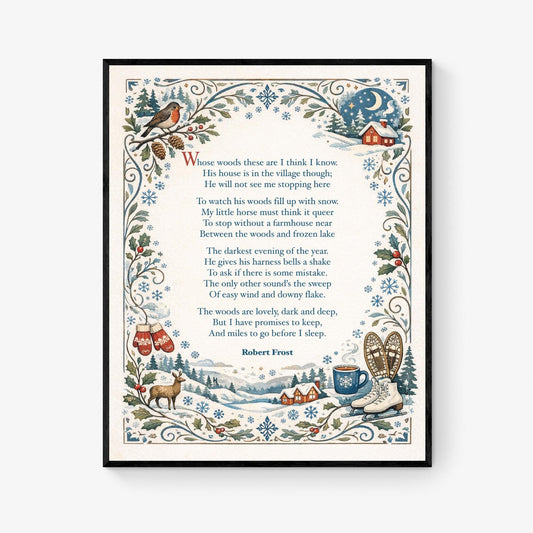 Robert Frost Art Print | Home Decor | Stopping by Woods On A Snowy Evening | Poetry | Literary Book | Inspirational | Winter Poster