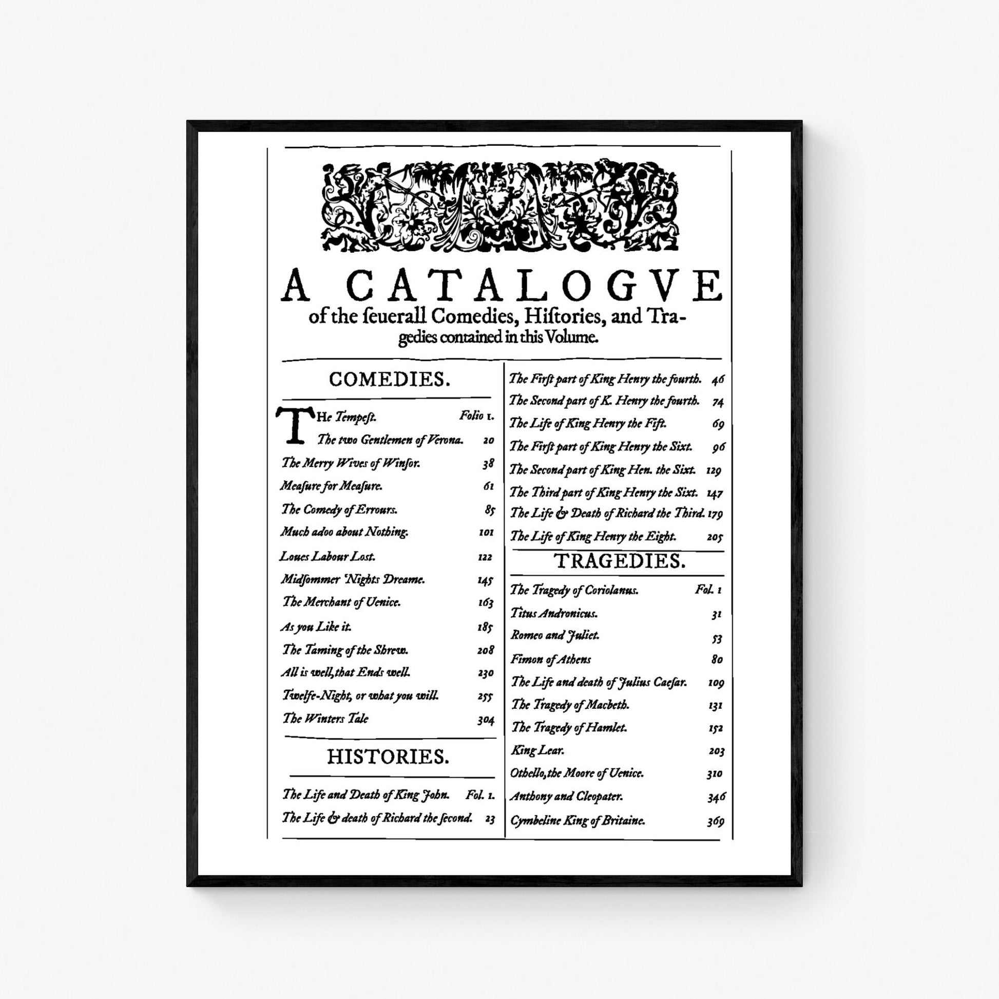 Shakespeare's 1623 First Folio Art Print | Table of Contents | Art Print | Comedies, Histories, and Tragedies | Home Decor | Literary Poster