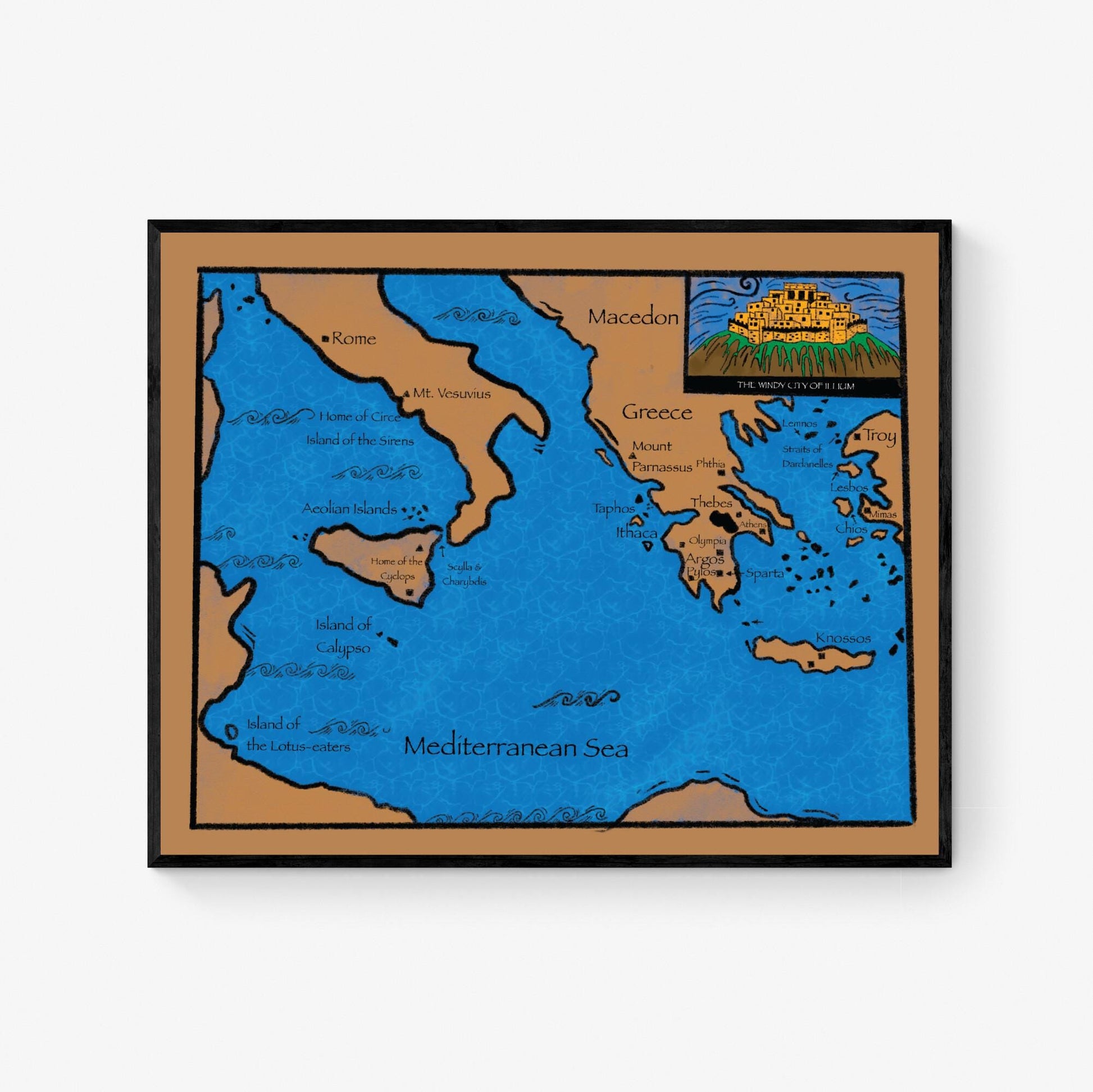 Odyssey Art Print | Map of Odysseus Journey | Ancient Greek Mythology | Literary | Homer's Epic Adventure Myth | Home Decor Poster