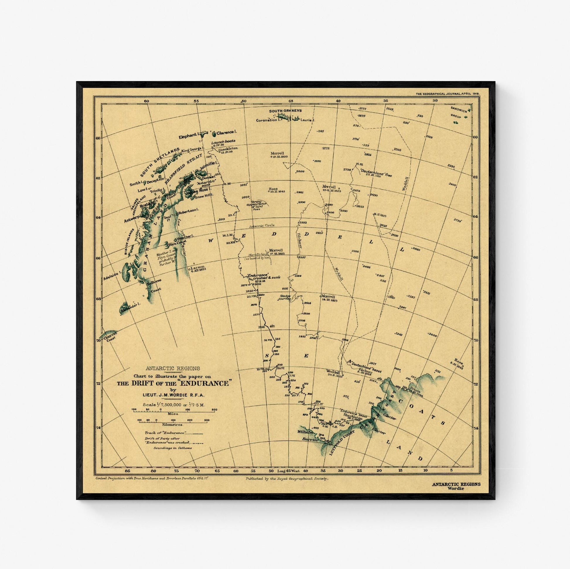 Ernest Shackleton Expedition Map Art Print | HMS Endurance | Antartica South Pole | Living Room Home Decor | Boat Ship Voyage Vintage Poster