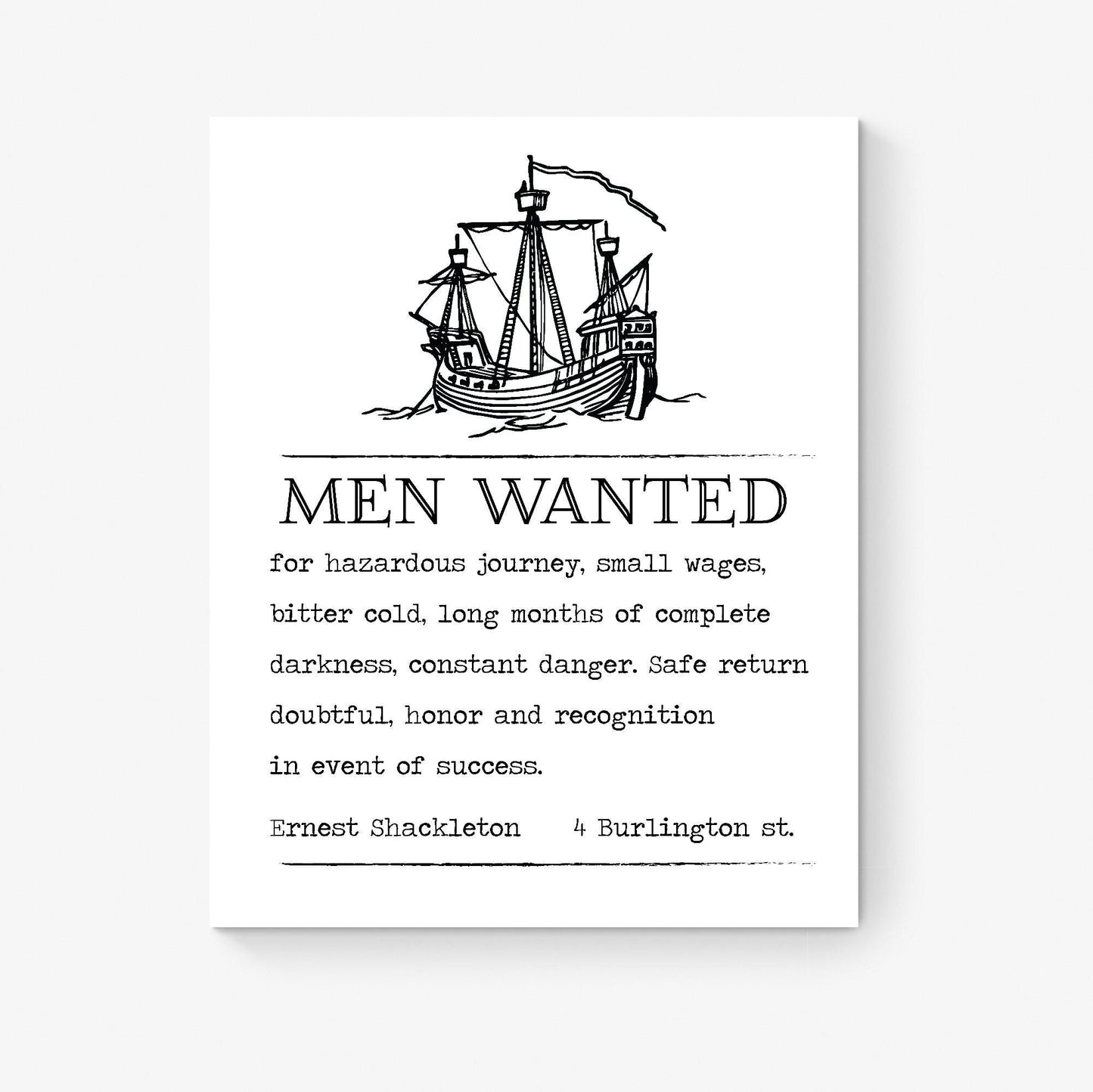 Ernest Shackleton Art Print | Help Wanted Ad | Ship Sketch | Inspirational Adventure | Expedition Home Decor | Vintage Poster