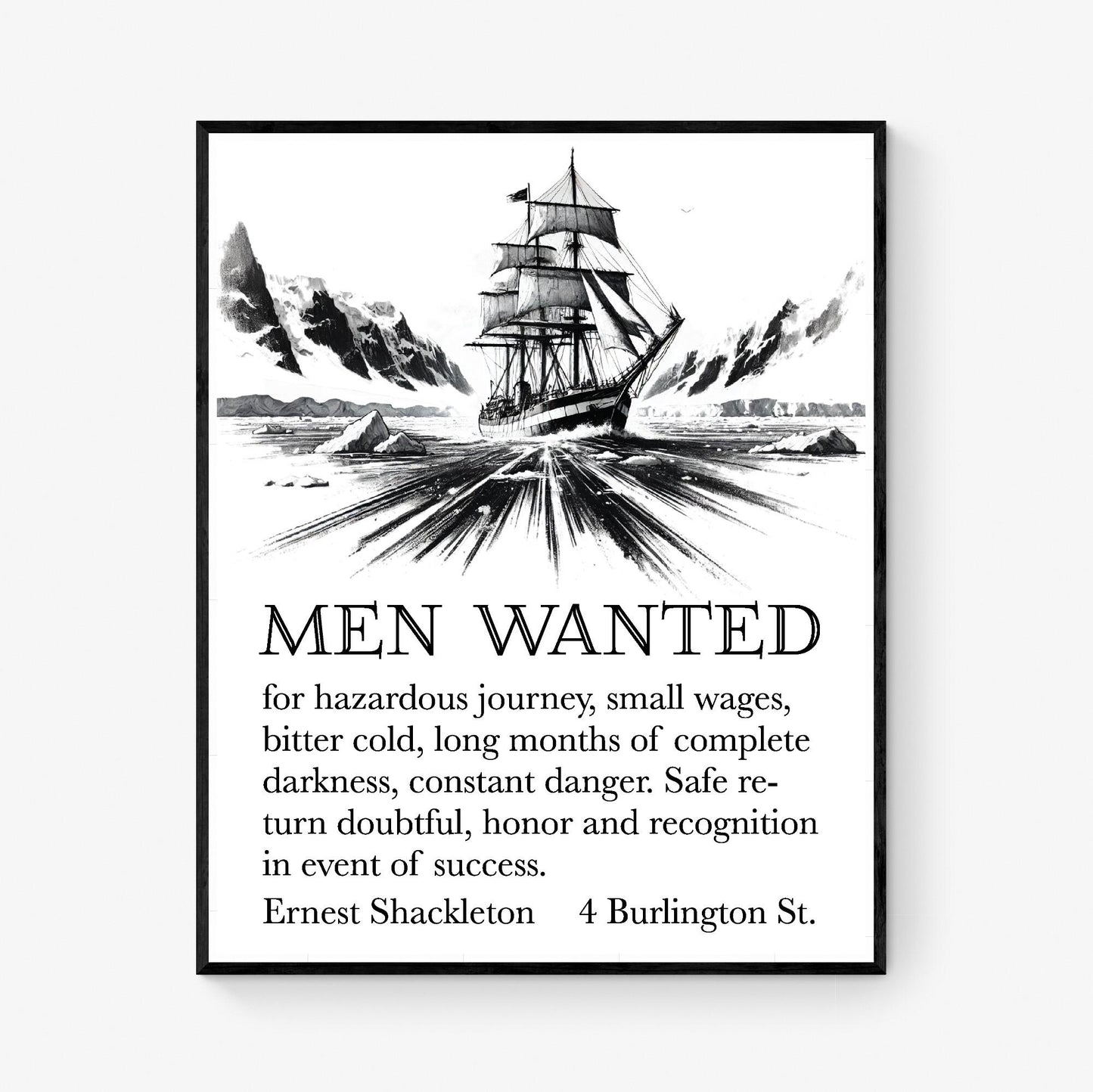 Ernest Shackleton Quote Art Print | Expedition Help Wanted Advertisement | Home Decor | Living Room | Antartica Sketch | Vintage Poster