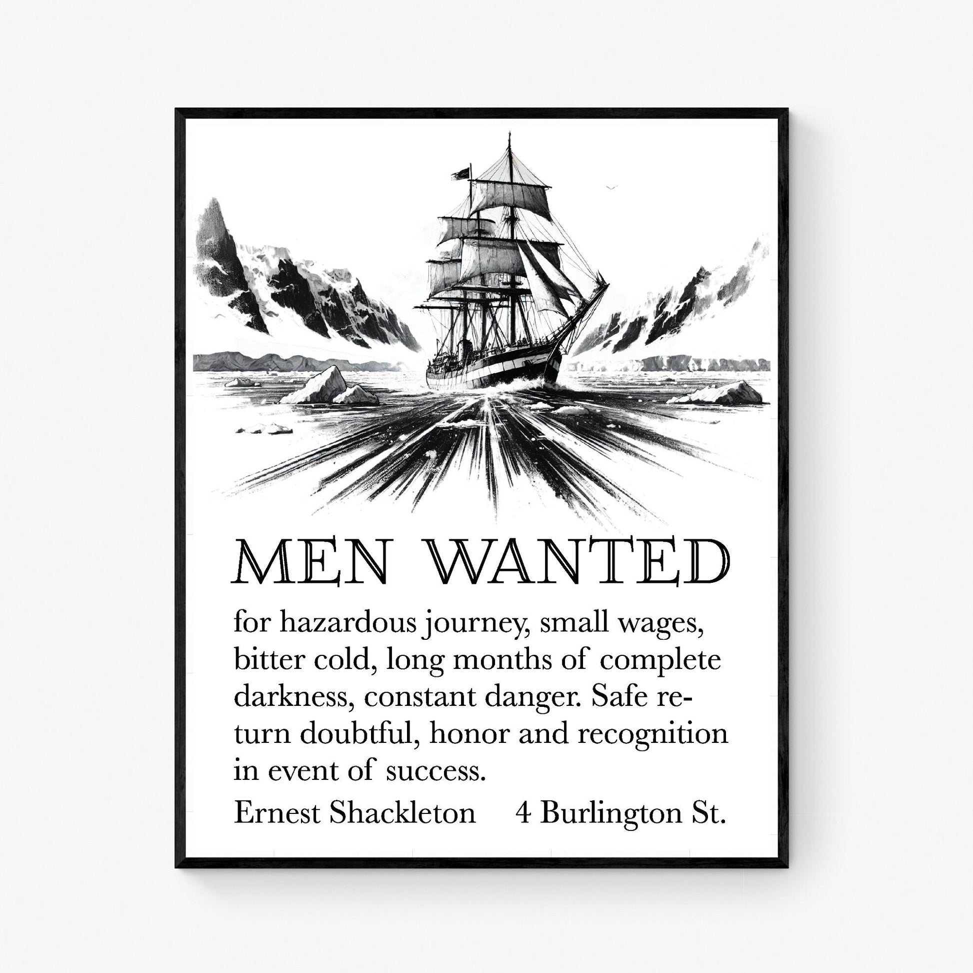 Ernest Shackleton Quote Art Print | Expedition Help Wanted Advertisement | Home Decor | Living Room | Antartica Sketch | Vintage Poster