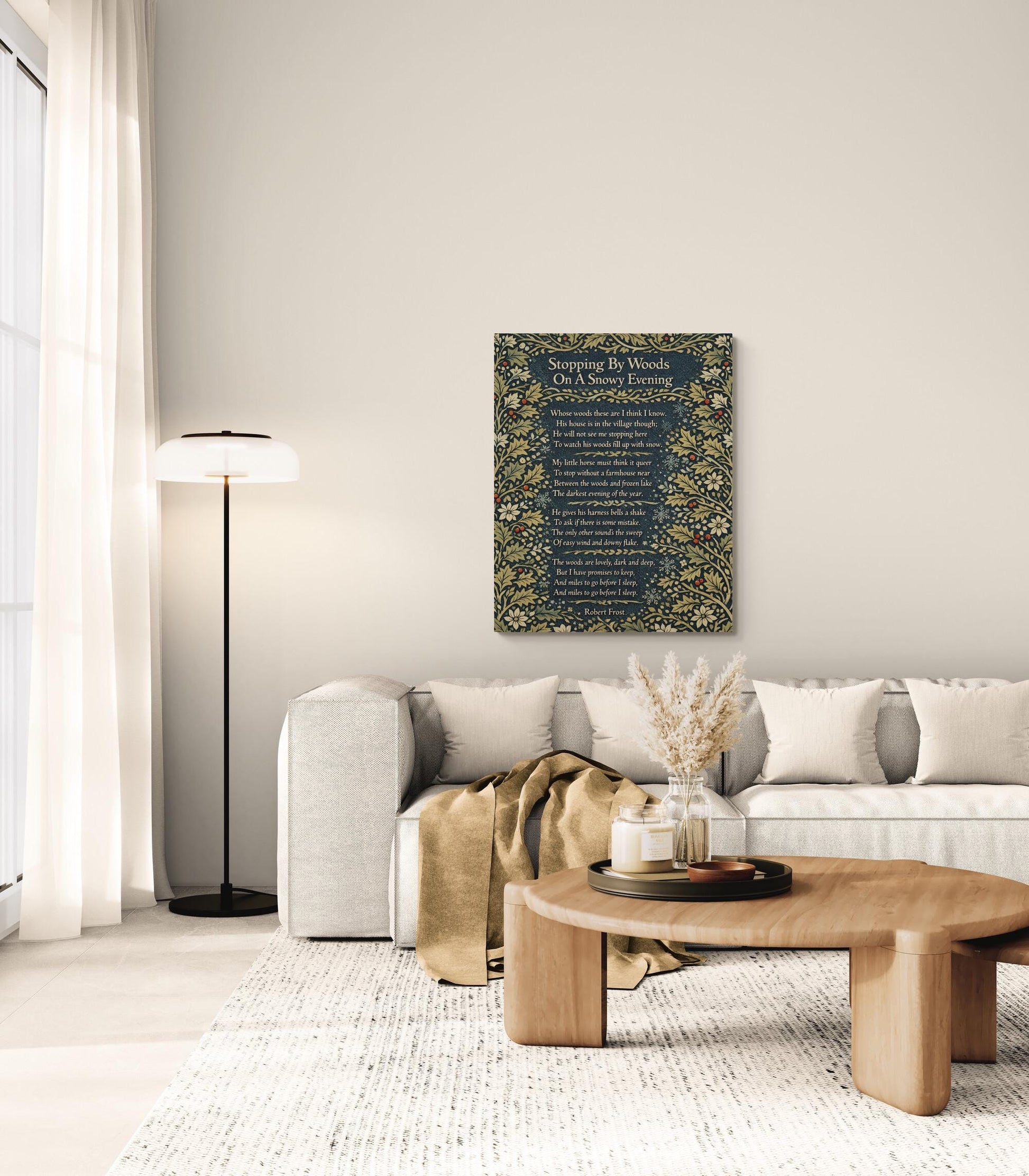 Robert Frost Quote Art Print | Stopping by Woods On A Snowy Evening | William Morris | Inspirational | Home Decor Literary Poster