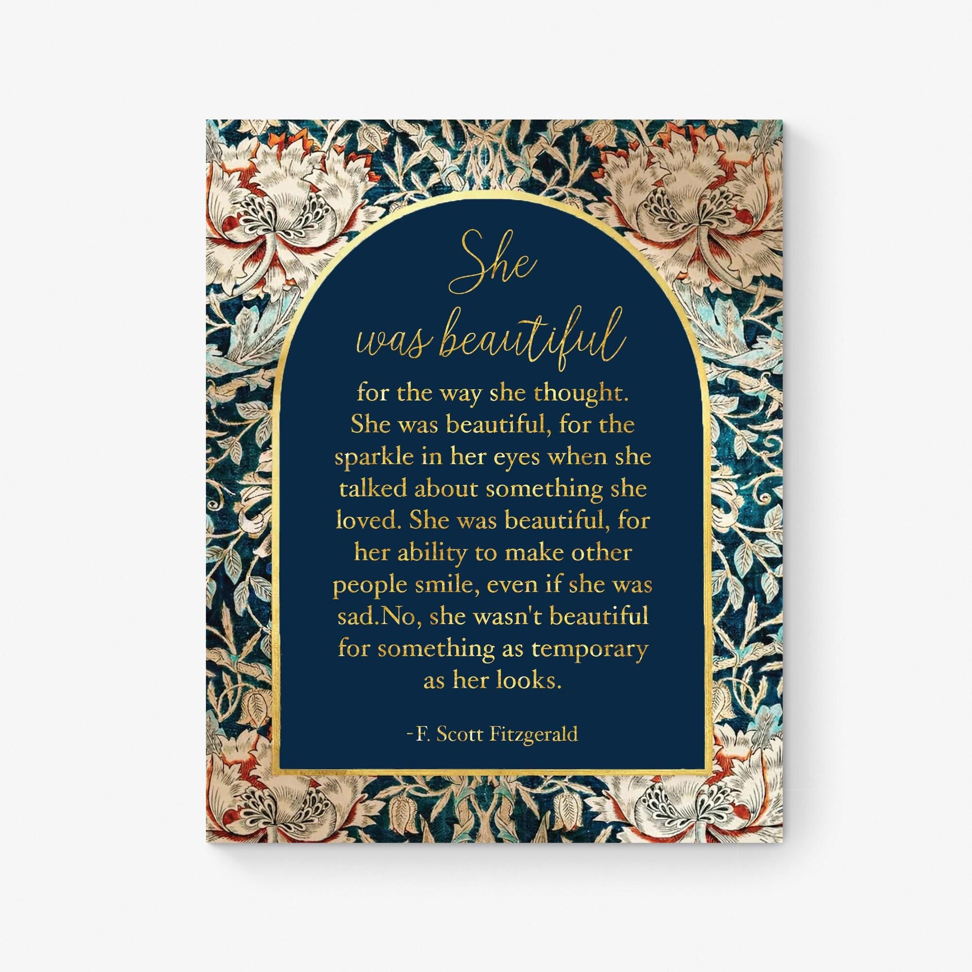Fitzgerald Quote Art Print | She Was Beautiful | William Morris Home Decor | Floral Literary Poster