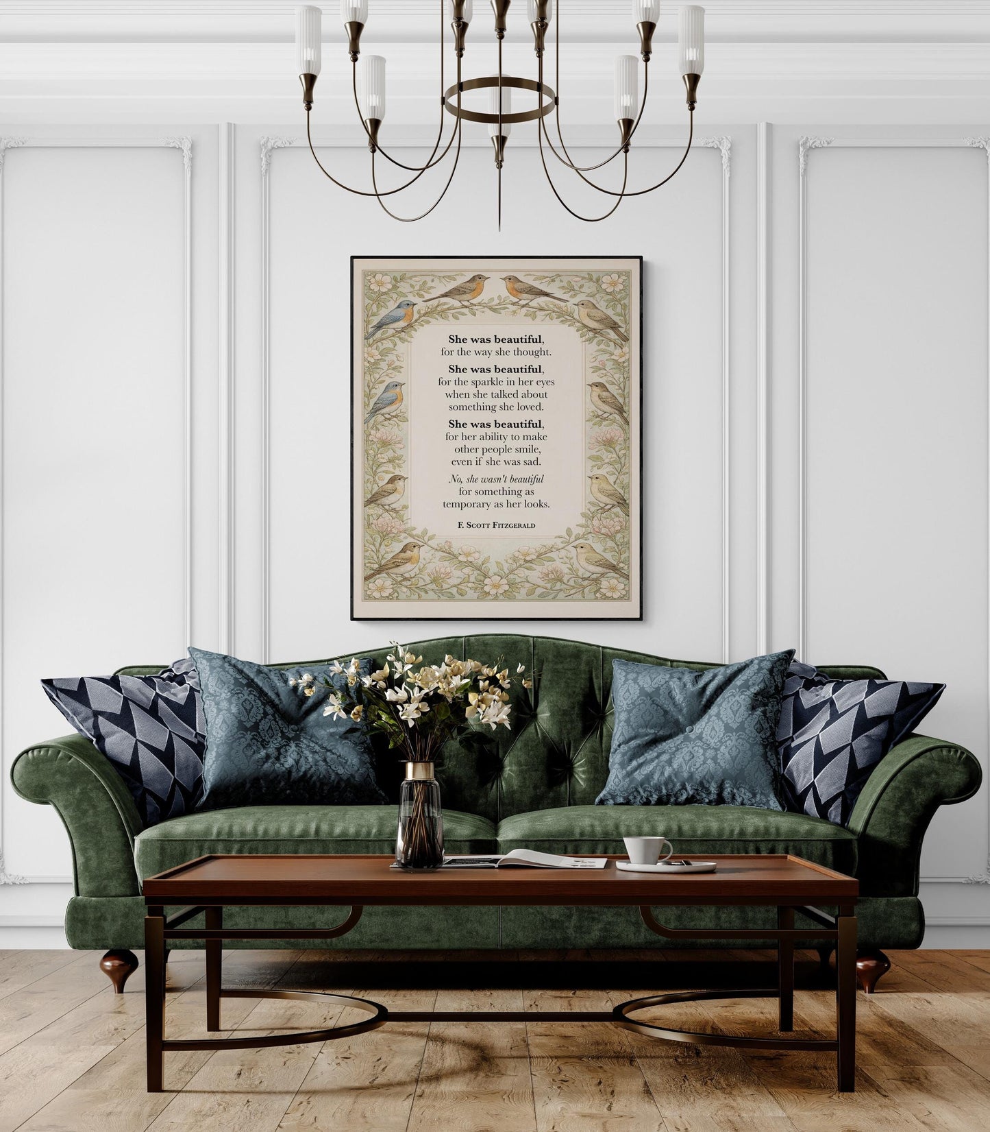 F Scott Fitzgerald Quote Art Print | She Was Beautiful | William Morris Home Decor | Floral Literary Poster