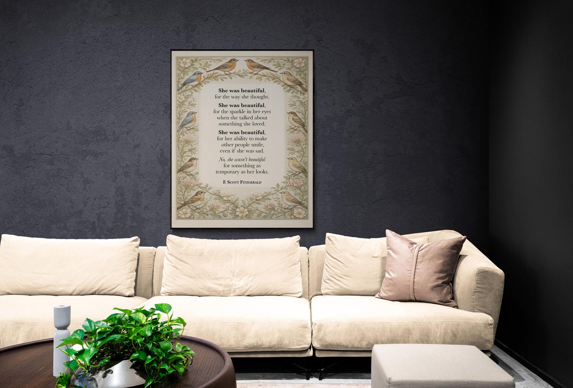 F Scott Fitzgerald Quote Art Print | She Was Beautiful | William Morris Home Decor | Floral Literary Poster