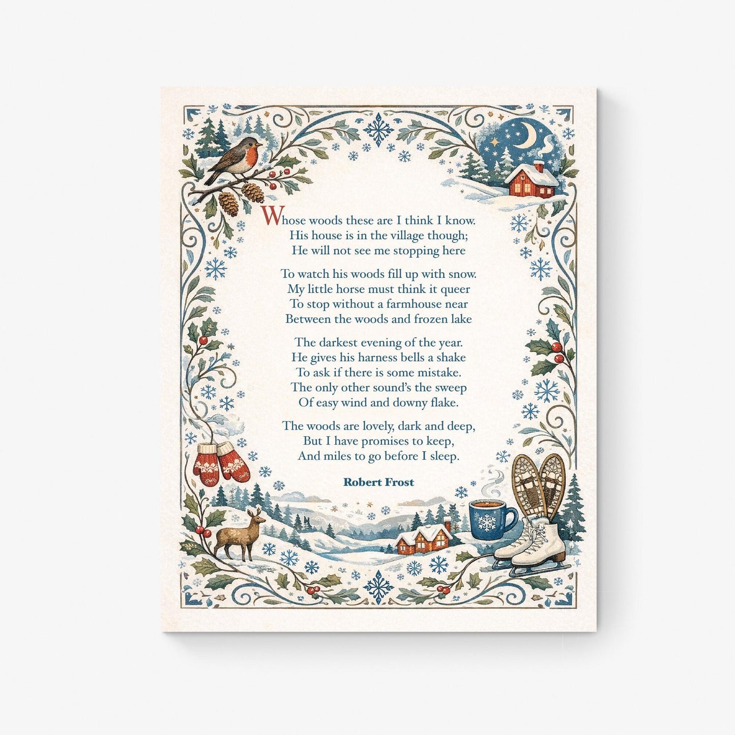 Robert Frost Art Print | Home Decor | Stopping by Woods On A Snowy Evening | Poetry | Literary Book | Inspirational | Winter Poster