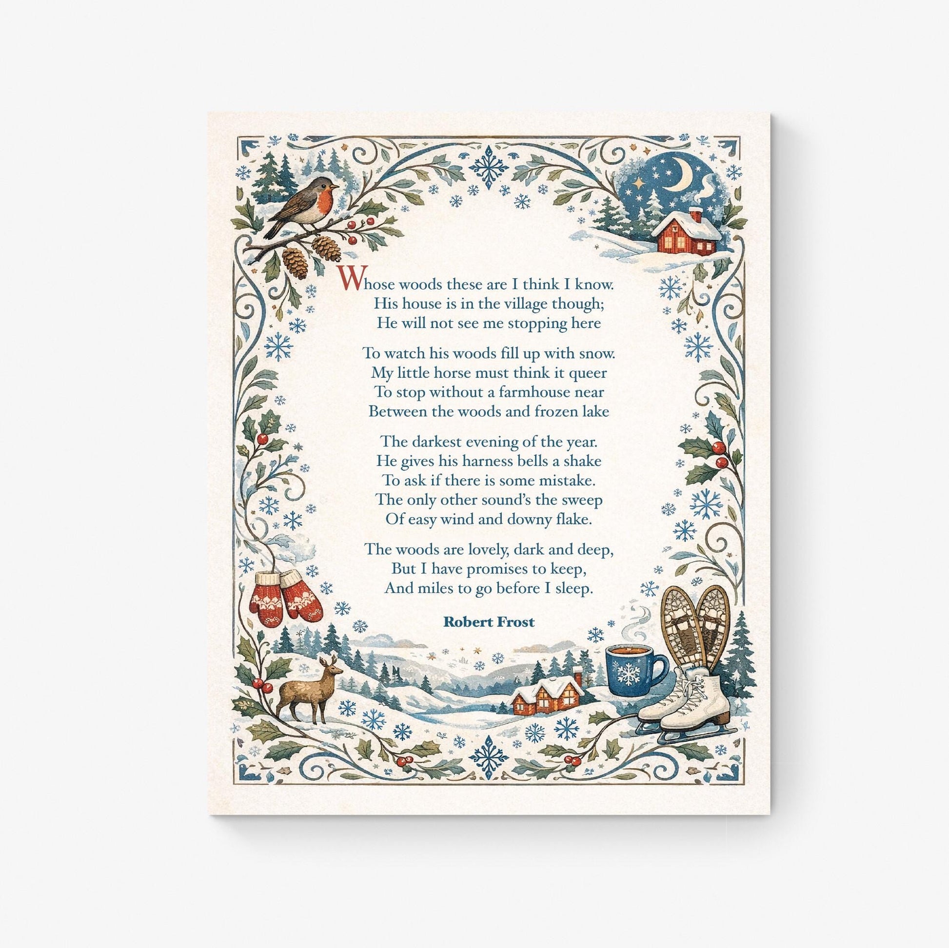 Robert Frost Art Print | Home Decor | Stopping by Woods On A Snowy Evening | Poetry | Literary Book | Inspirational | Winter Poster