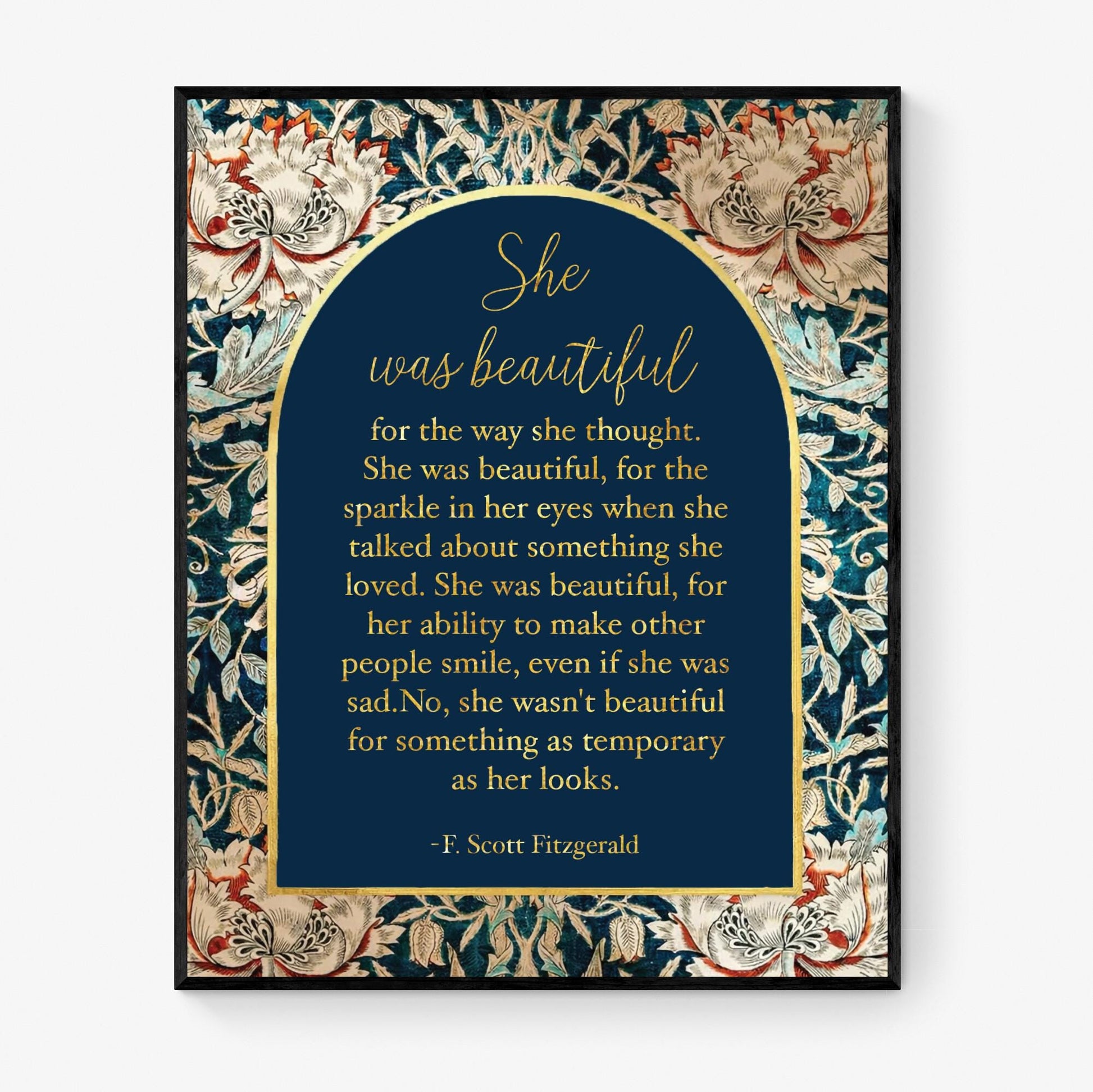 Fitzgerald Quote Art Print | She Was Beautiful | William Morris Home Decor | Floral Literary Poster