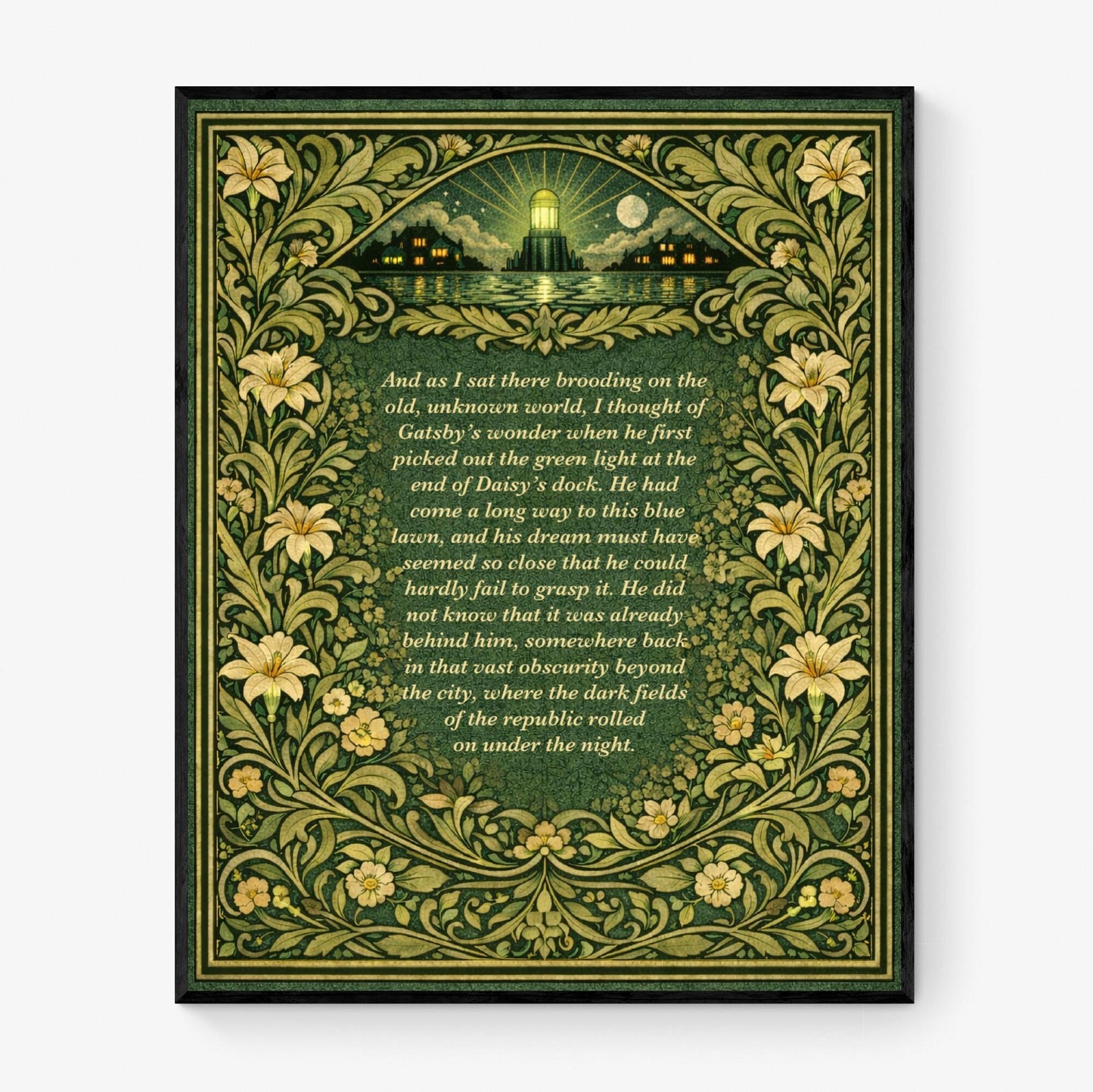 Great Gatsby Quote Art Print | Green Light At The End Of Daisy's Dock | F. Scott Fitzgerald | Literary Home Decor | William Morris Poster