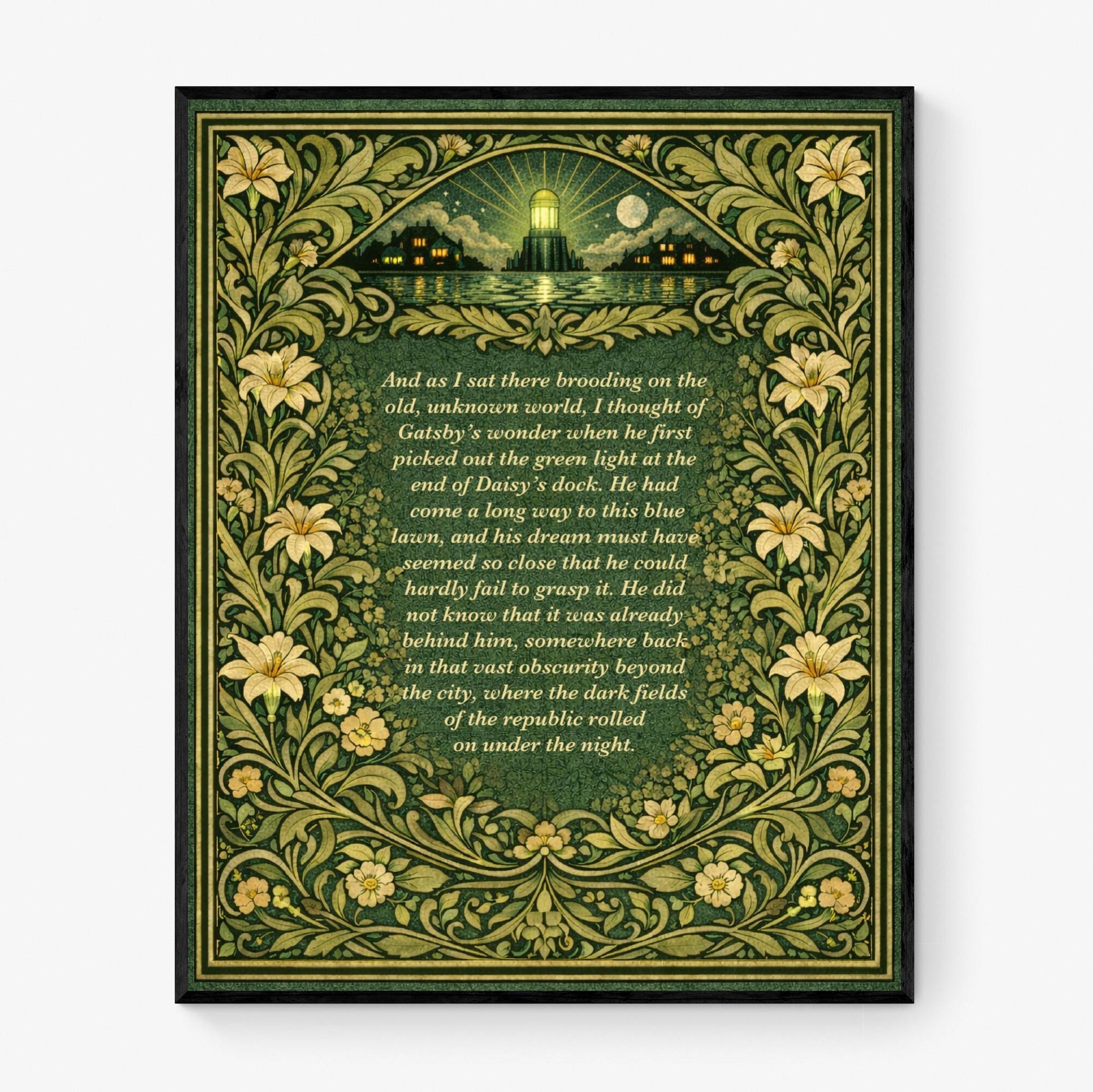 Great Gatsby Quote Art Print | Green Light At The End Of Daisy's Dock | F. Scott Fitzgerald | Literary Home Decor | William Morris Poster