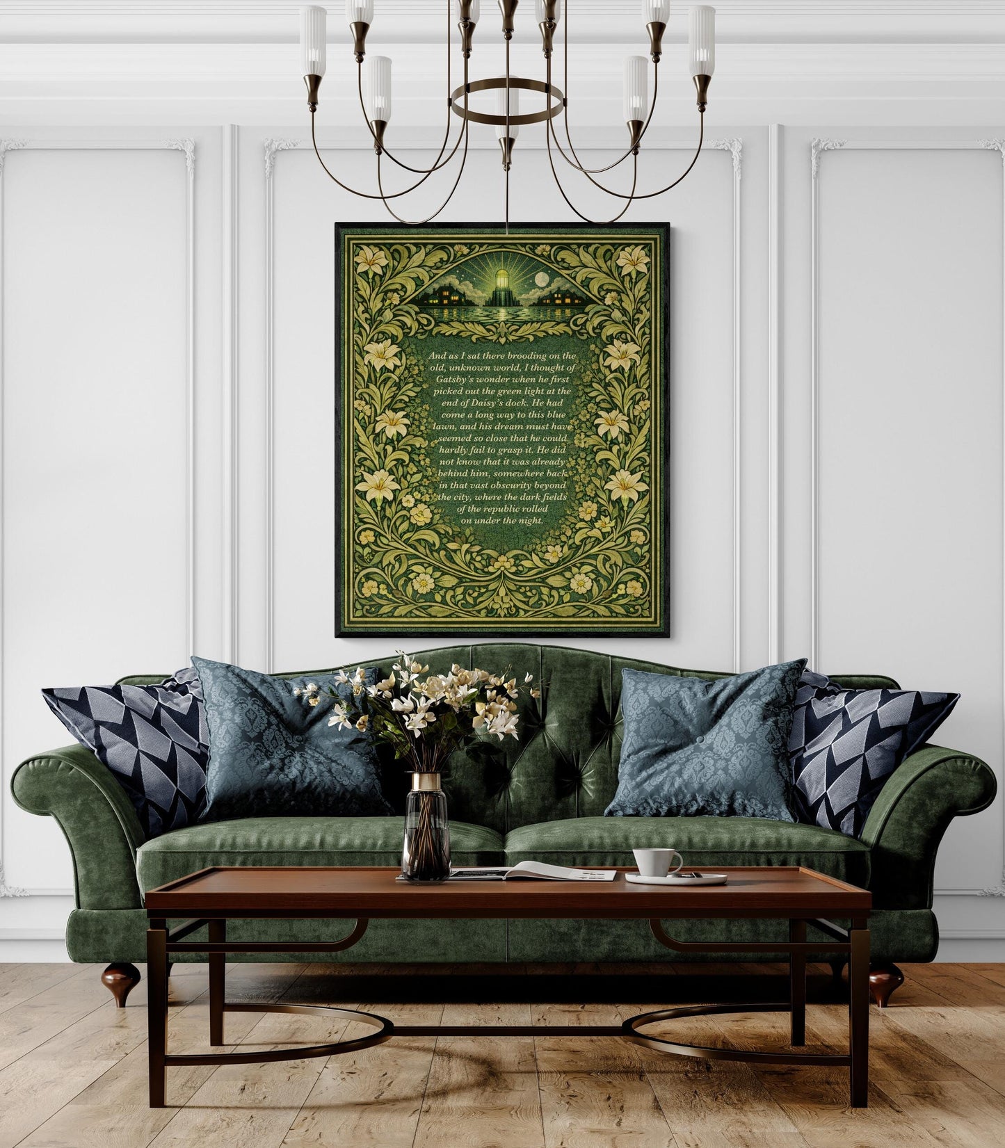 Great Gatsby Quote Art Print | Green Light At The End Of Daisy's Dock | F. Scott Fitzgerald | Literary Home Decor | William Morris Poster