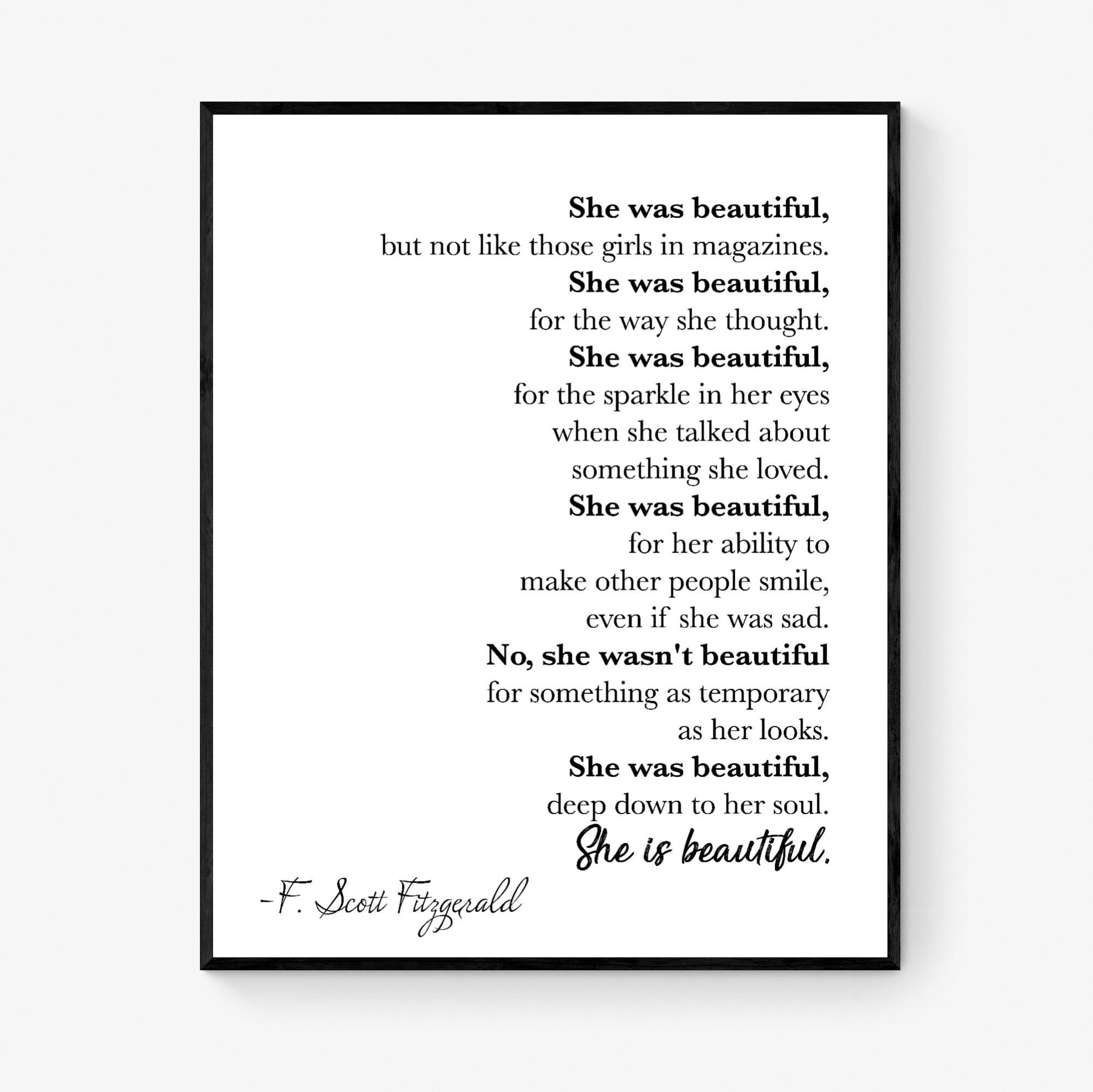 F. Scott Fitzgerald Quote Art Print | She Is Beautiful | Book Wall Artwork | Home Decor | Literary Poster