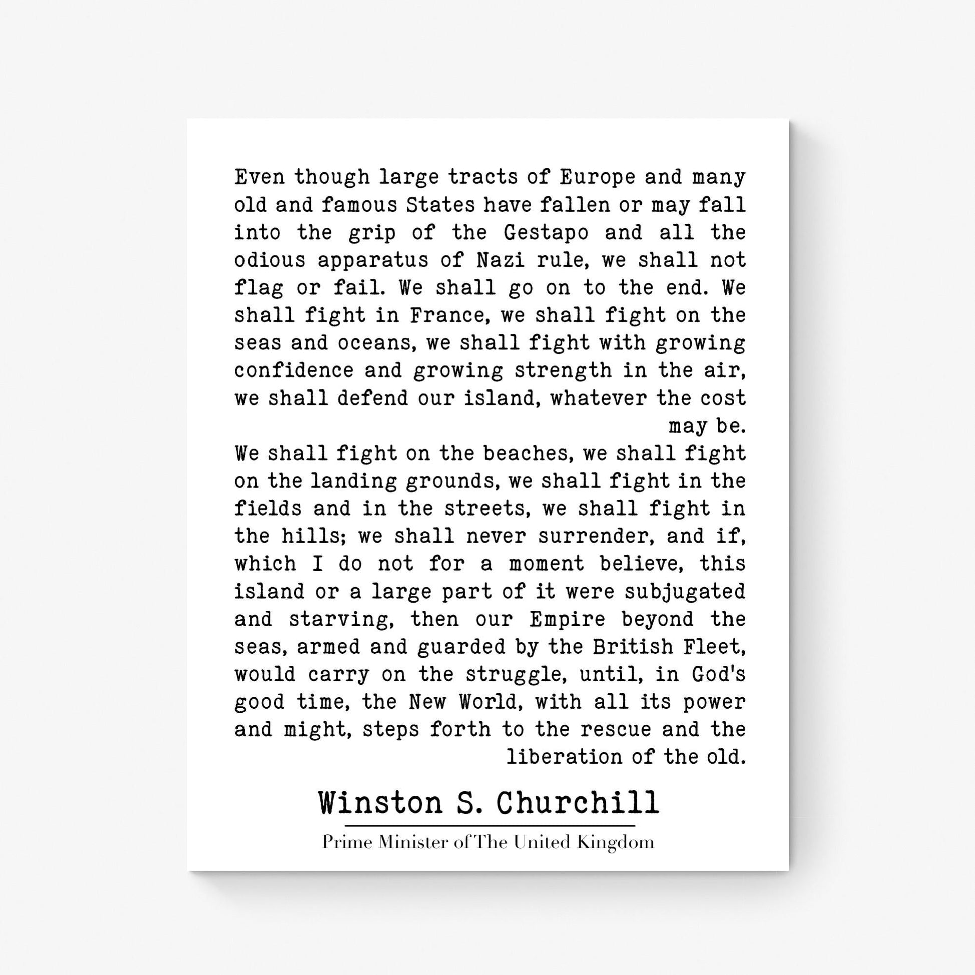 Winston Churchill Quote Art Print | We Shall Fight On The Beaches | Inspirational | World War 2 History | Motivational Home Decor | Poster