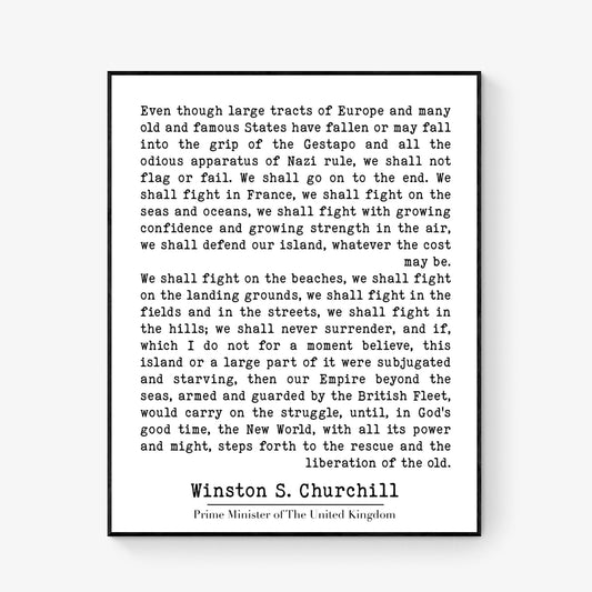 Winston Churchill Quote Art Print | We Shall Fight On The Beaches | Inspirational | World War 2 History | Motivational Home Decor | Poster