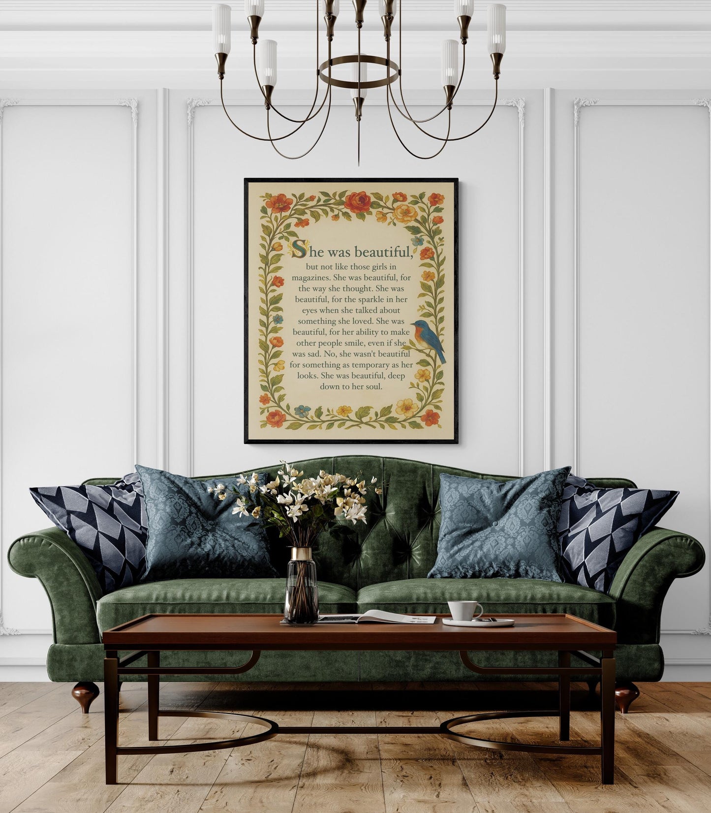 She Was Beautiful Quote Art Print | F Scott Fitzgerald | Home Decor | Floral Literary | Romantic | Inspirational Poster