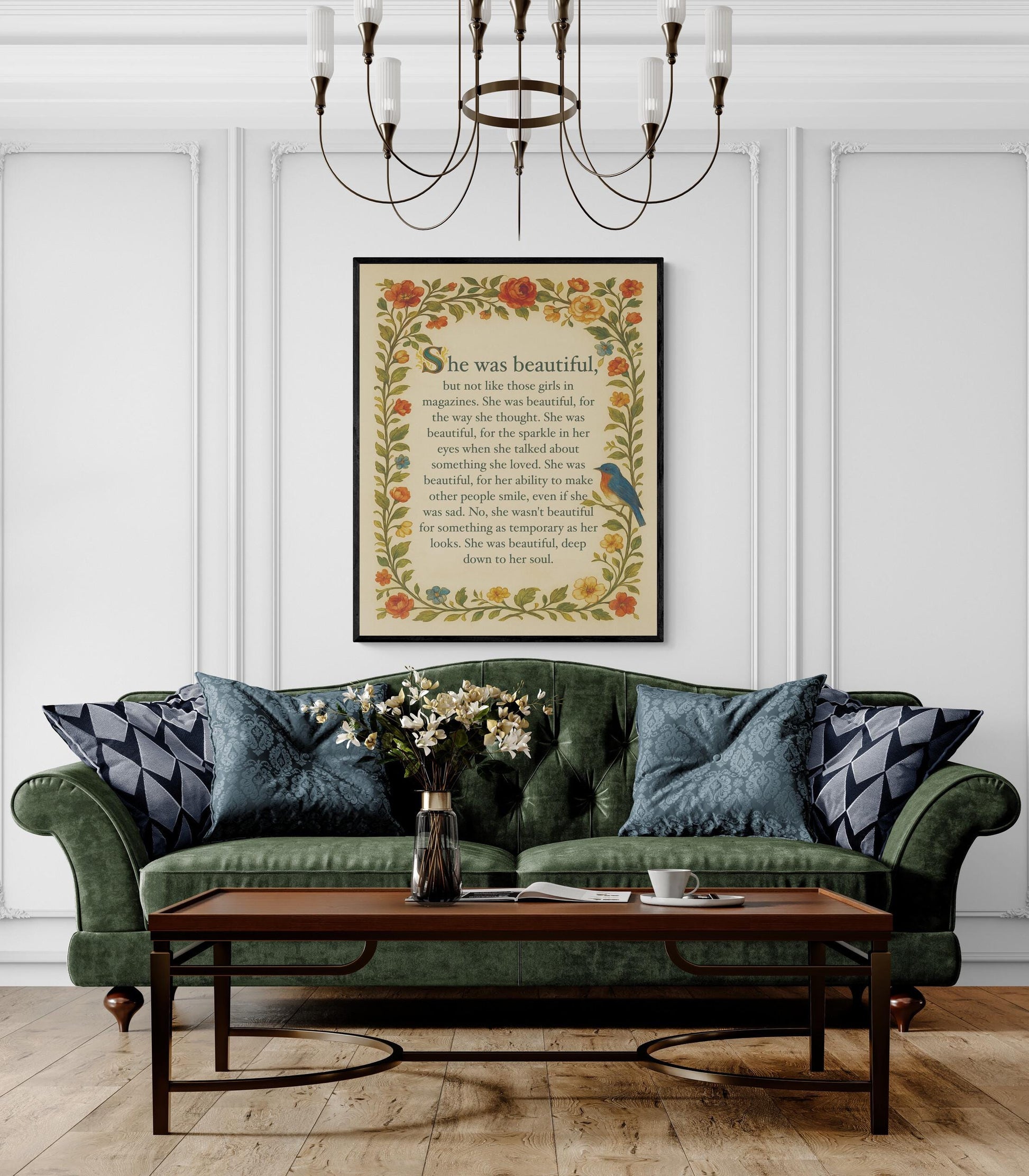 She Was Beautiful Quote Art Print | F Scott Fitzgerald | Home Decor | Floral Literary | Romantic | Inspirational Poster