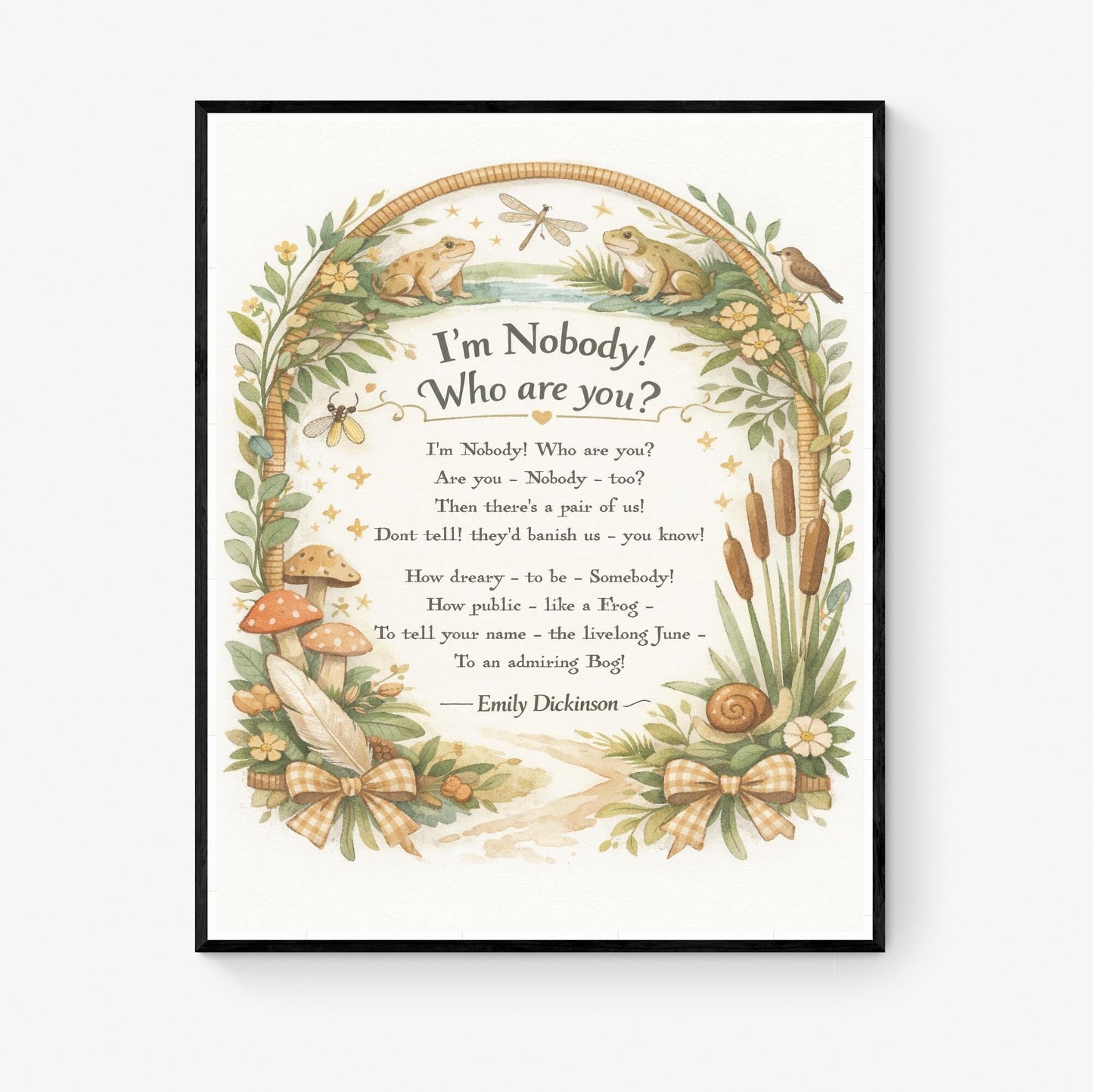 Emily Dickinson Quote Art Print | I'm Nobody Who Are You | Cottage Poetry | Literary Book | Inspirational | Whimsical Poster
