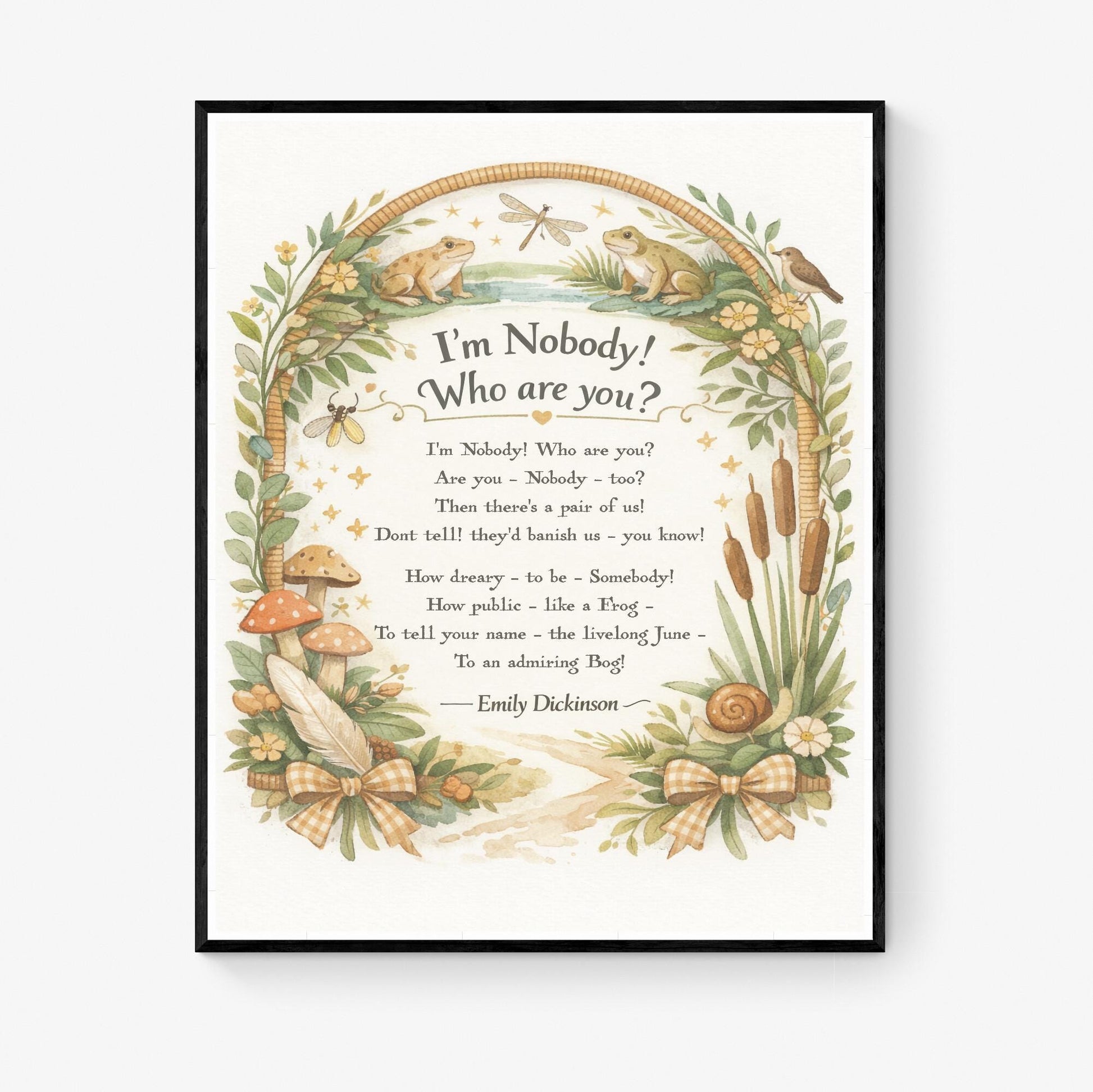 Emily Dickinson Quote Art Print | I'm Nobody Who Are You | Cottage Poetry | Literary Book | Inspirational | Whimsical Poster