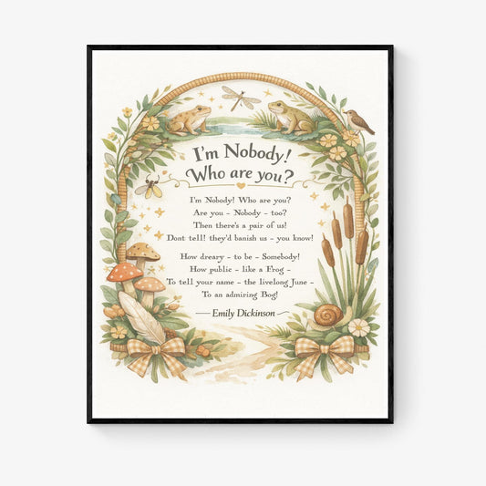 Emily Dickinson Quote Art Print | I'm Nobody Who Are You | Cottage Poetry | Literary Book | Inspirational | Whimsical Poster