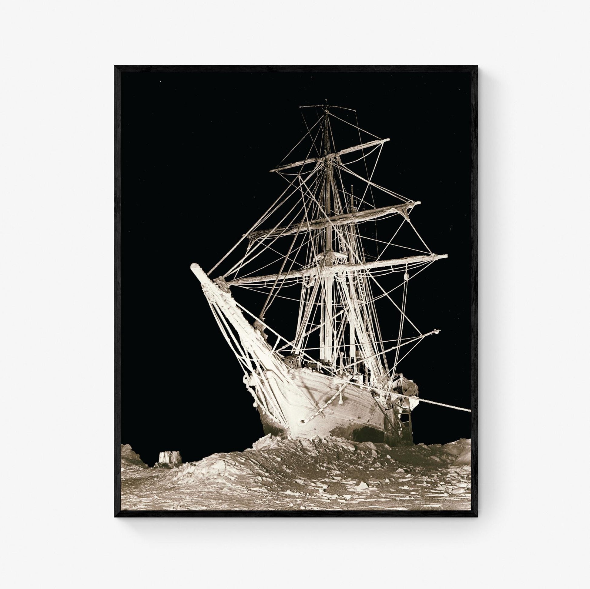 Endurance Ship Art Print – Shackleton’s 1915 Antarctic Expedition – Nighttime Icebound Vintage Sepia Maritime Wall Home Decor – Poster