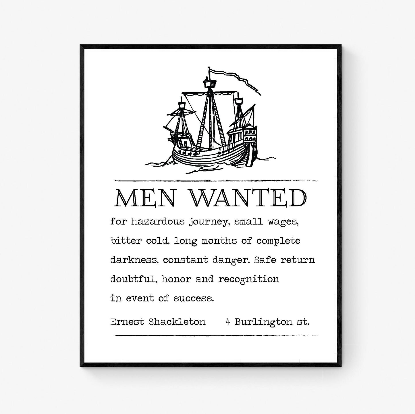Ernest Shackleton Art Print | Help Wanted Ad | Ship Sketch | Inspirational Adventure | Expedition Home Decor | Vintage Poster