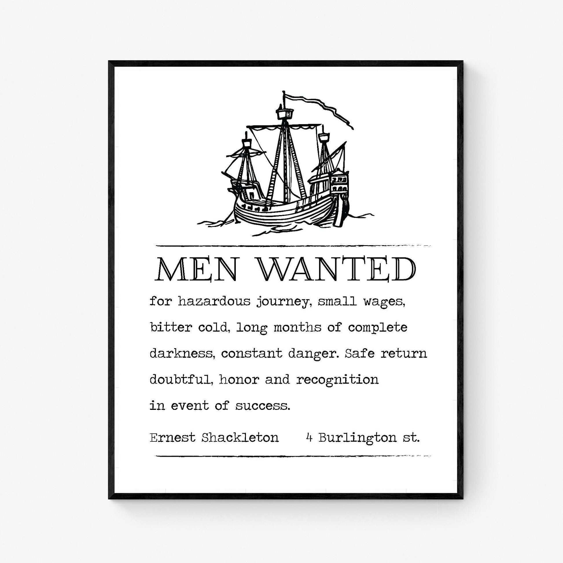 Ernest Shackleton Art Print | Help Wanted Ad | Ship Sketch | Inspirational Adventure | Expedition Home Decor | Vintage Poster