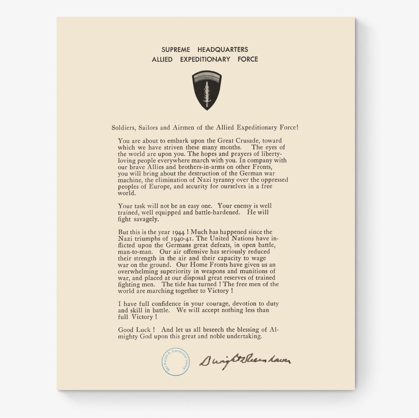 D-Day Order Of The Day Art Print | Operation Overlord | Military History Reproduction | Dwight Eisenhower | World War 2 | Letter Poster