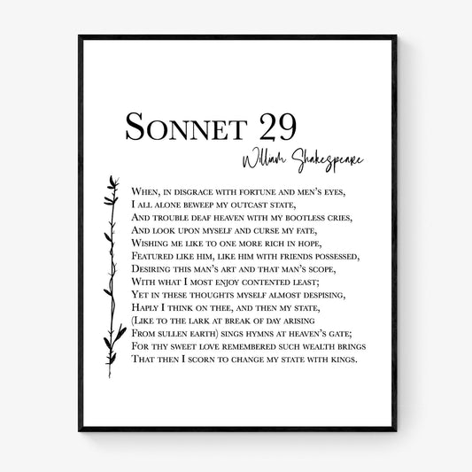 Shakespeare Sonnet 29 Quote Art Print | For Thy Sweet Love Remembered | Classic Literary Wall Artwork | Home Decor | Living Room Poster