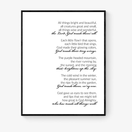 All Things Bright and Beautiful Lyrics Art Print | Hymn | Wall Home Decor | Christian Music Song | Religious Poster