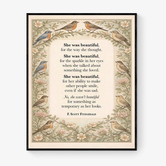 F Scott Fitzgerald Quote Art Print | She Was Beautiful | William Morris Home Decor | Floral Literary Poster