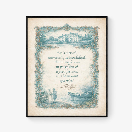 In Want Of A Good Wife Quote Art Print | Pride and Prejudice | Jane Austen | Classic Literary Home Decor | Vintage Poster