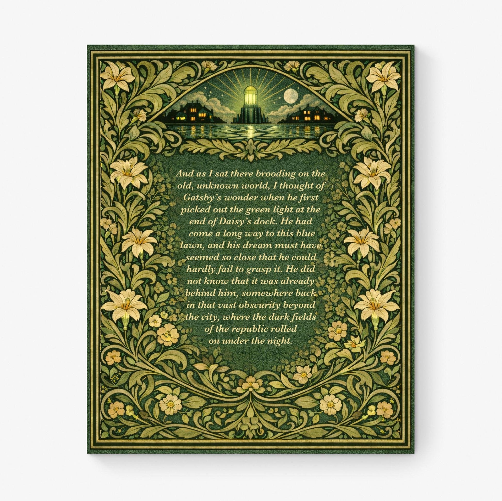 Great Gatsby Quote Art Print | Green Light At The End Of Daisy's Dock | F. Scott Fitzgerald | Literary Home Decor | William Morris Poster