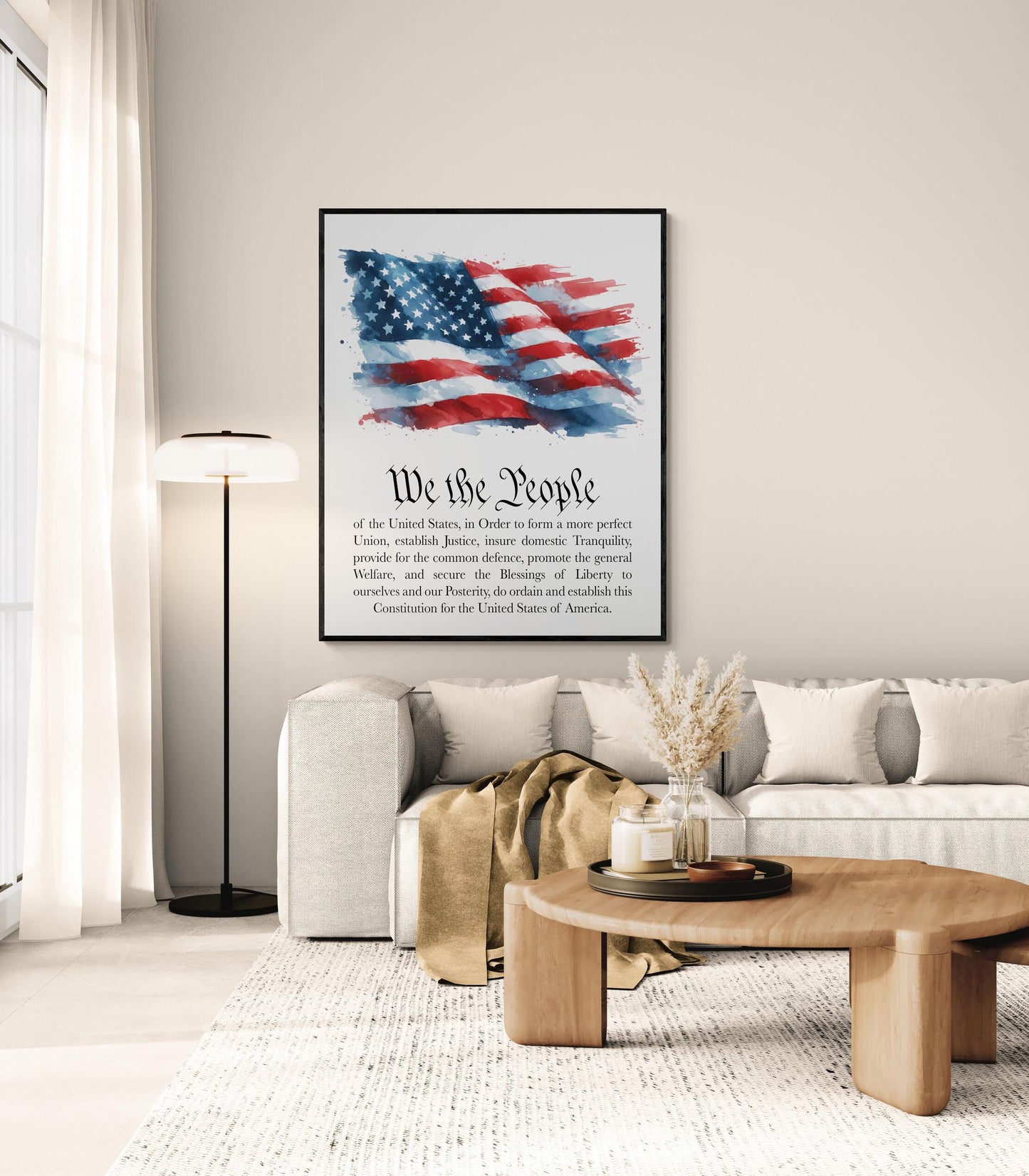 We the People Preamble Art Print – Watercolor American Flag – U.S. Constitution Patriotic Wall Artwork – Historical Home Decor Poster