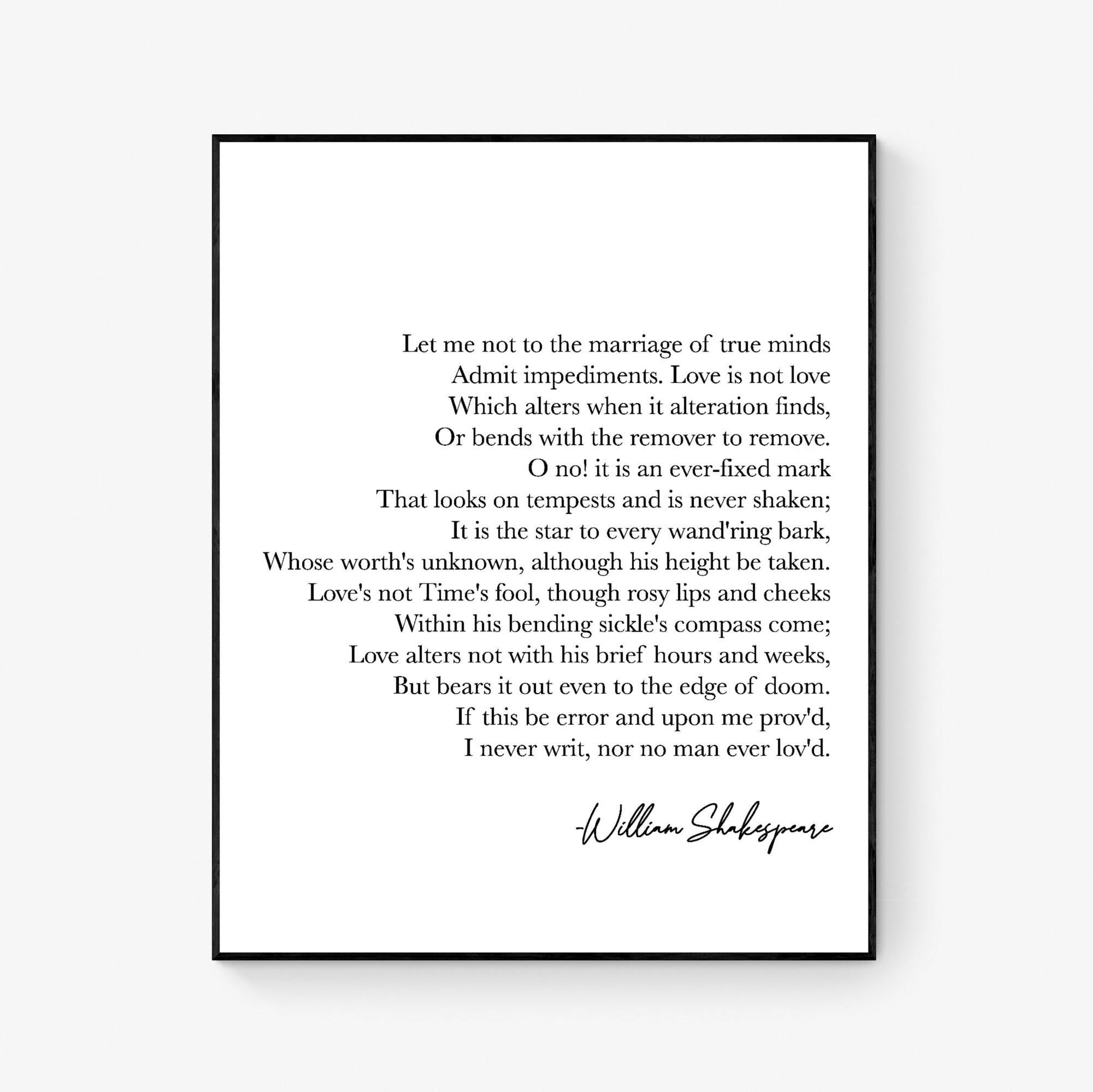Shakespeare Quote Art Print | Sonnet 116 | Let Me Not To the Marriage Of True Minds | As You Like It | Home Decor | Literary Poster