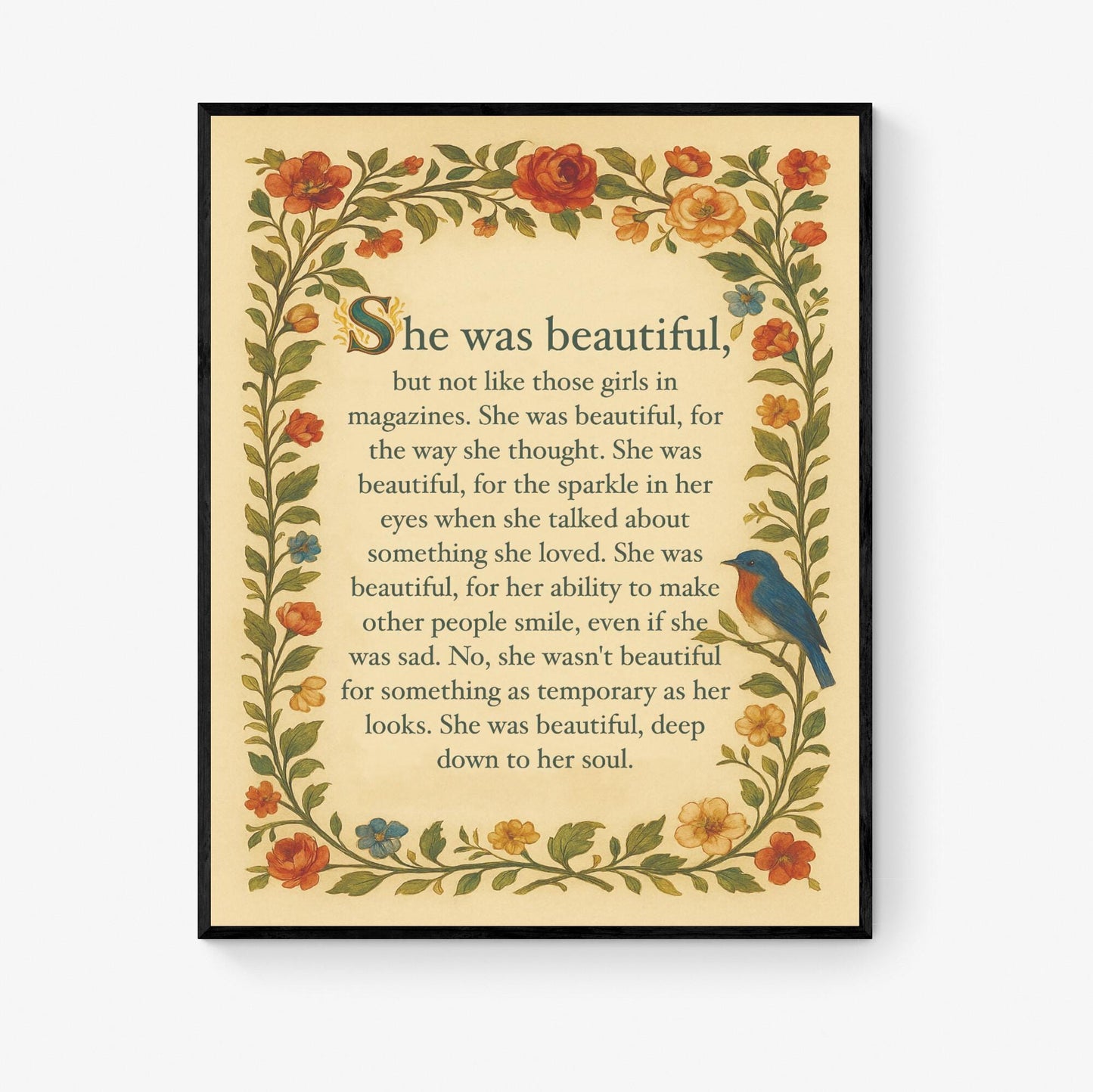 She Was Beautiful Quote Art Print | F Scott Fitzgerald | Home Decor | Floral Literary | Romantic | Inspirational Poster