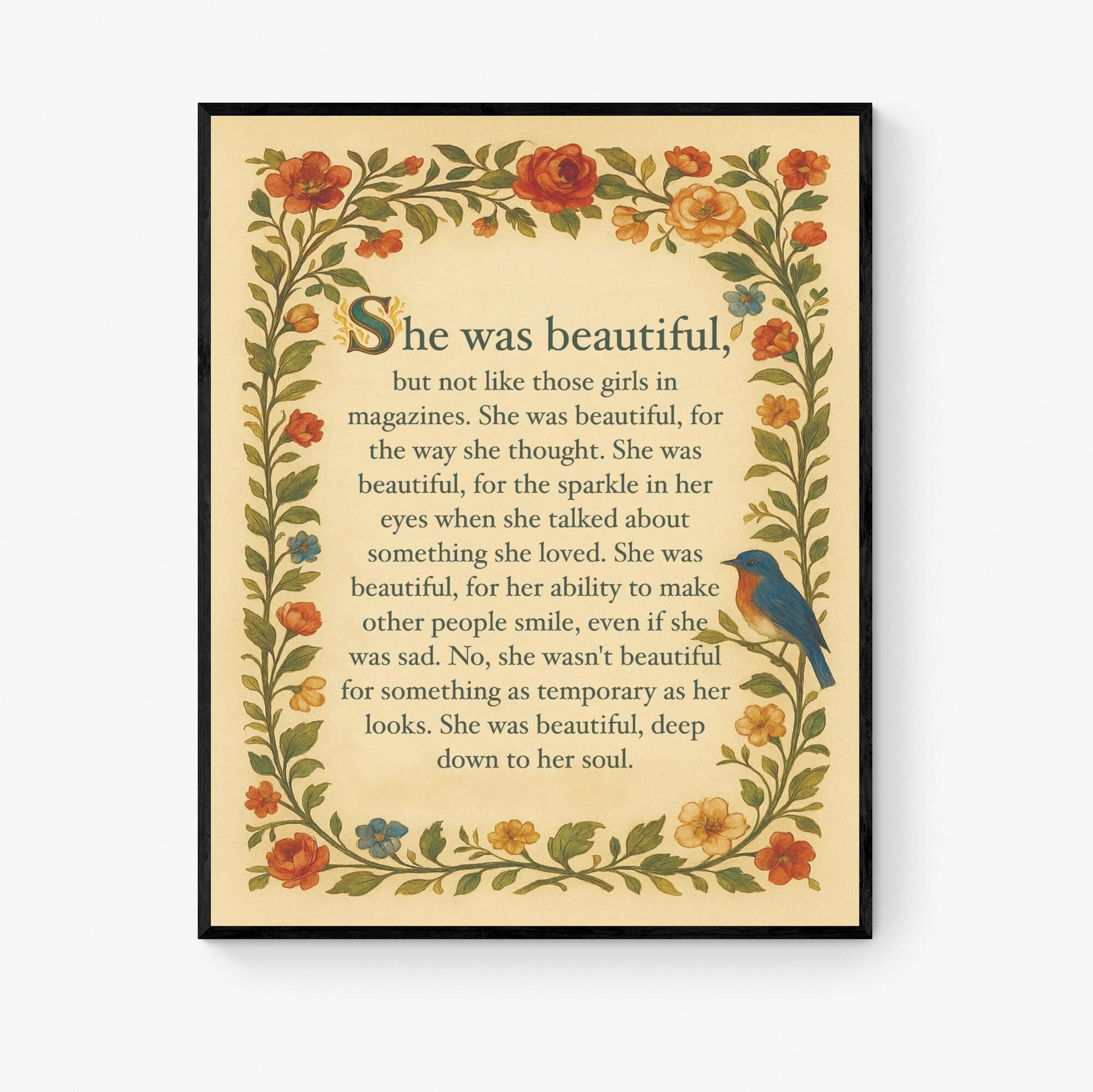 She Was Beautiful Quote Art Print | F Scott Fitzgerald | Home Decor | Floral Literary | Romantic | Inspirational Poster