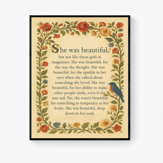 She Was Beautiful Quote Art Print | F Scott Fitzgerald | Home Decor | Floral Literary | Romantic | Inspirational Poster