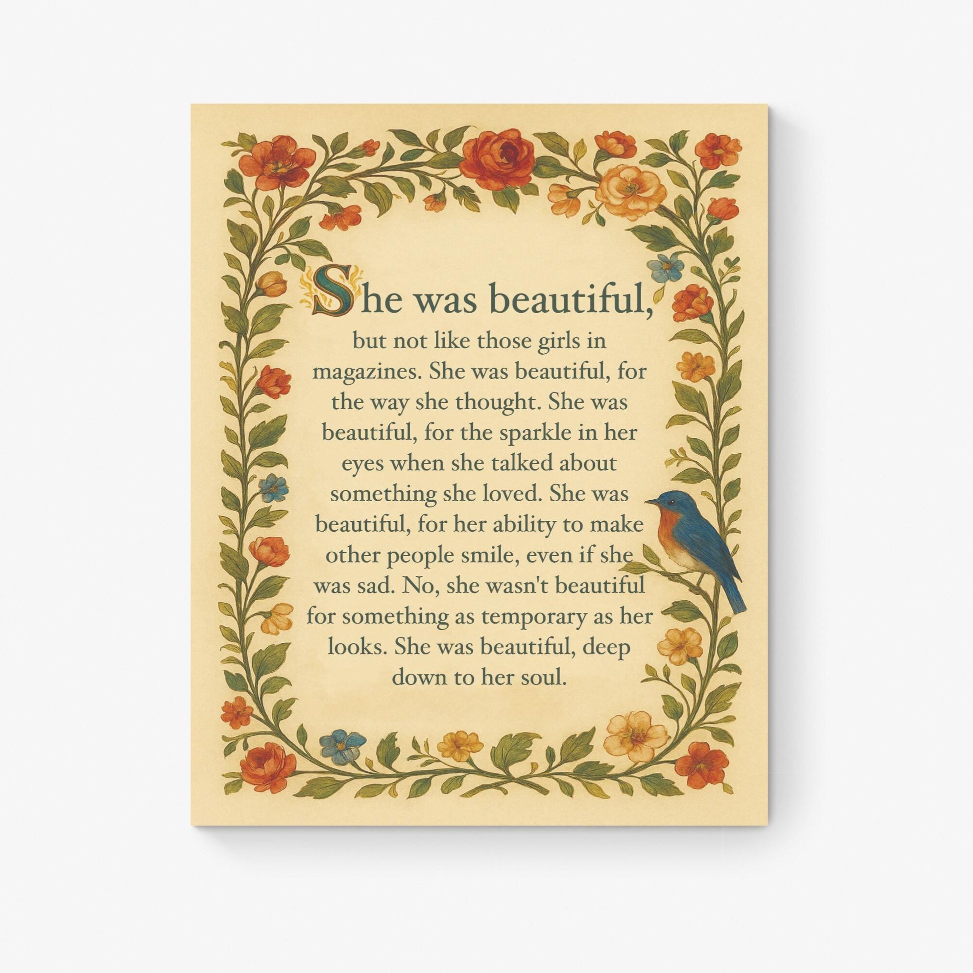 She Was Beautiful Quote Art Print | F Scott Fitzgerald | Home Decor | Floral Literary | Romantic | Inspirational Poster