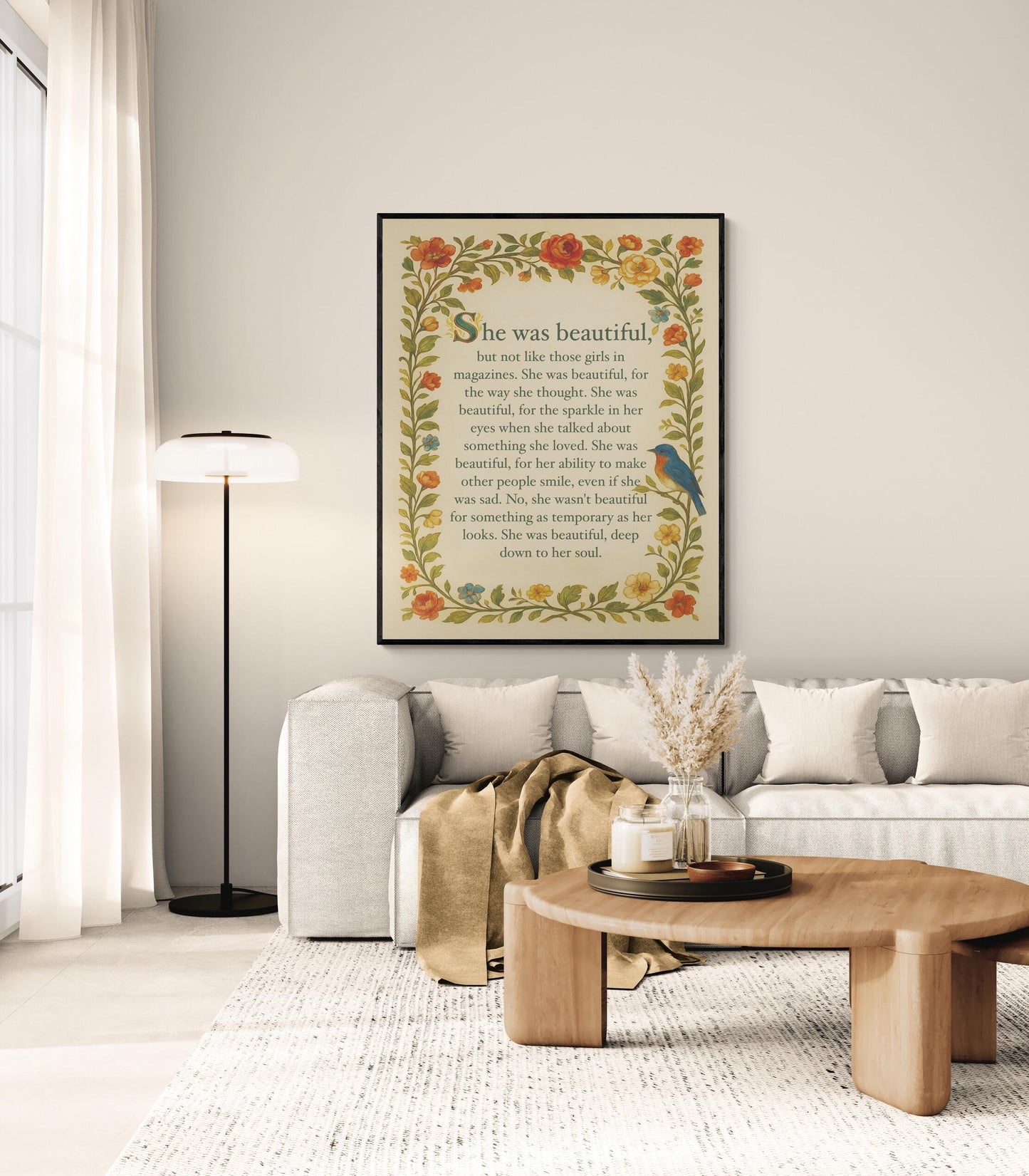She Was Beautiful Quote Art Print | F Scott Fitzgerald | Home Decor | Floral Literary | Romantic | Inspirational Poster