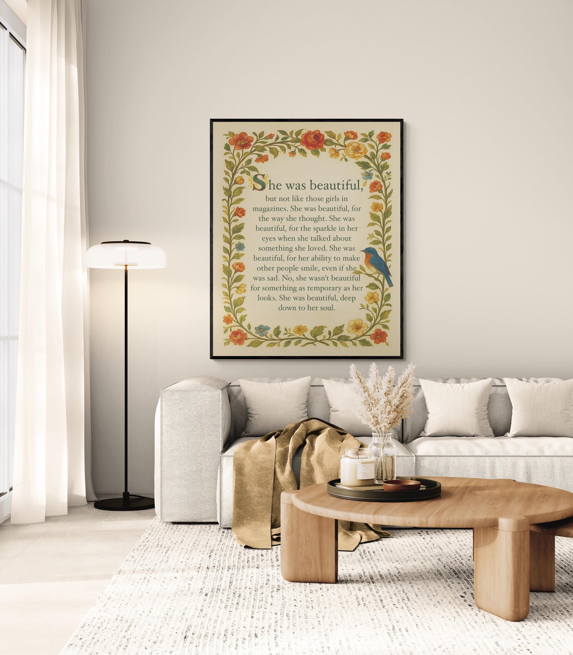 She Was Beautiful Quote Art Print | F Scott Fitzgerald | Home Decor | Floral Literary | Romantic | Inspirational Poster