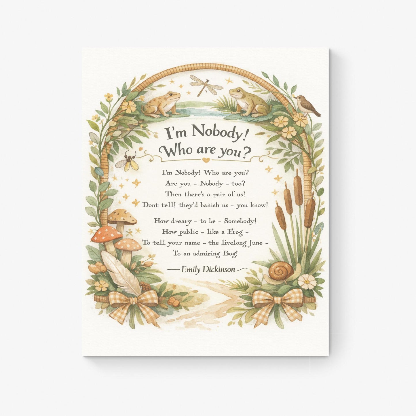 Emily Dickinson Quote Art Print | I'm Nobody Who Are You | Cottage Poetry | Literary Book | Inspirational | Whimsical Poster